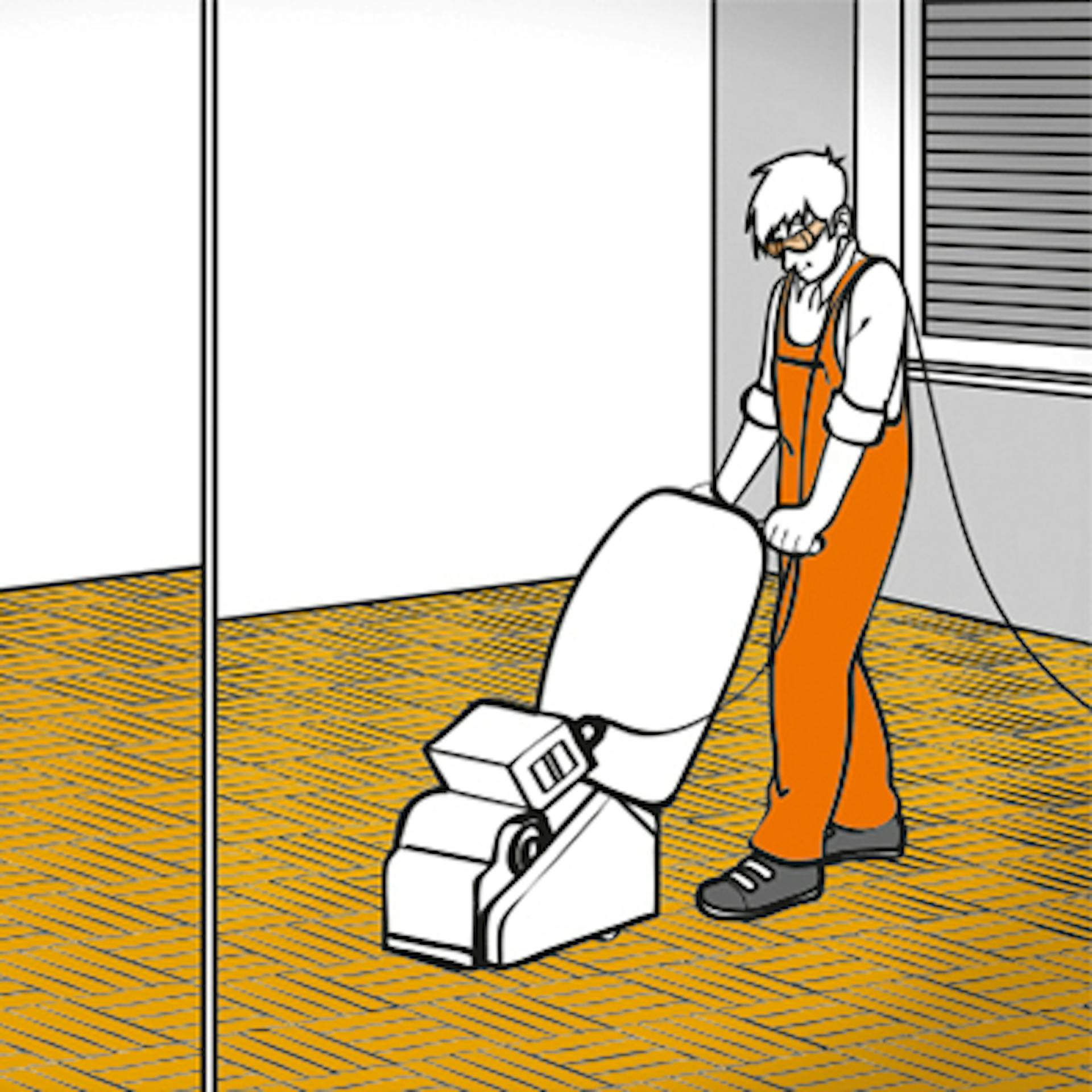 Un uomo con la levigatrice sul parquet.