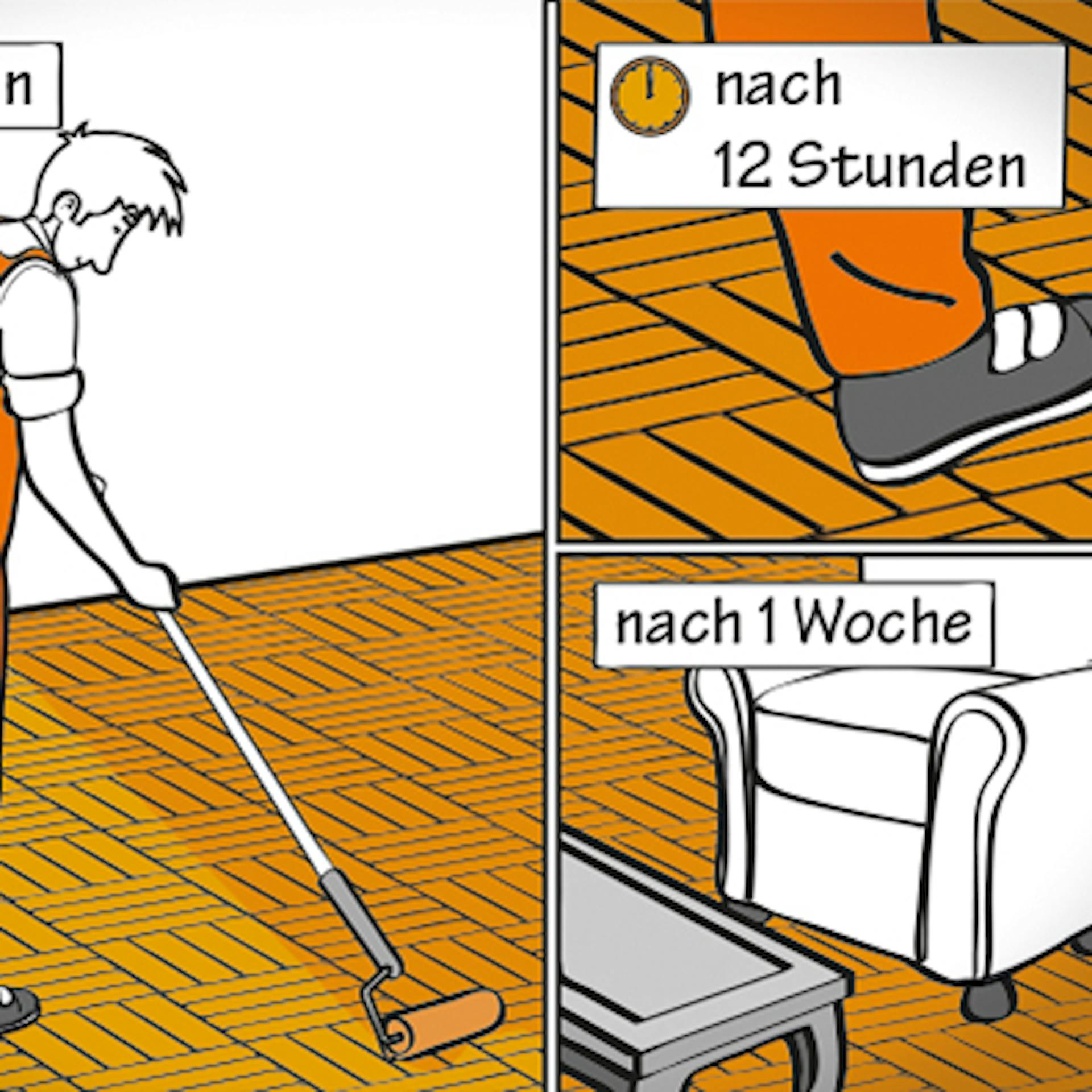 Un uomo applica un altro strato di vernice sul parquet e lo calpesta dopo 12 ore. Dopo una settimana, sistema una poltrona sul pavimento.