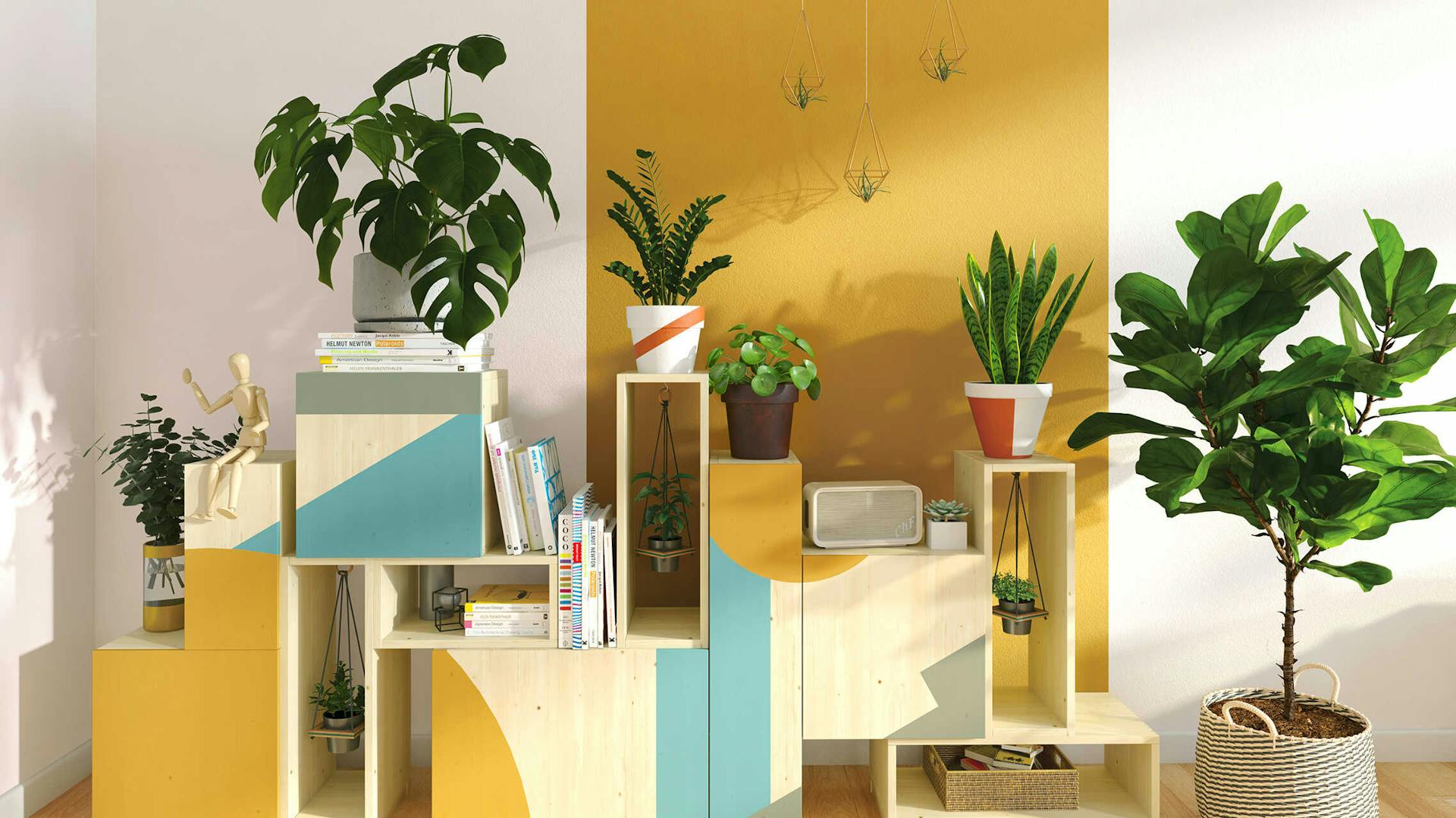 Ein Regal Max bestehend aus unterschiedlichen lackierten Holzkästen auf denen viele Zimmerpflanzen abgestellt worden sind.