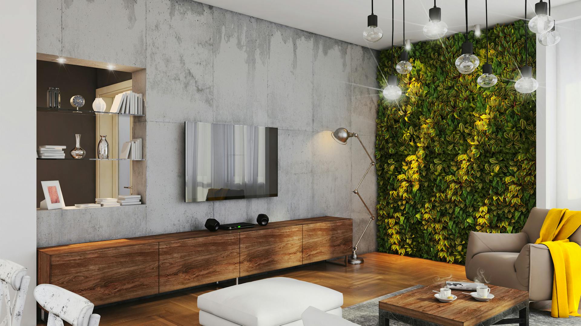 Növényfal egy modern kialakítású nappaliban, világítással