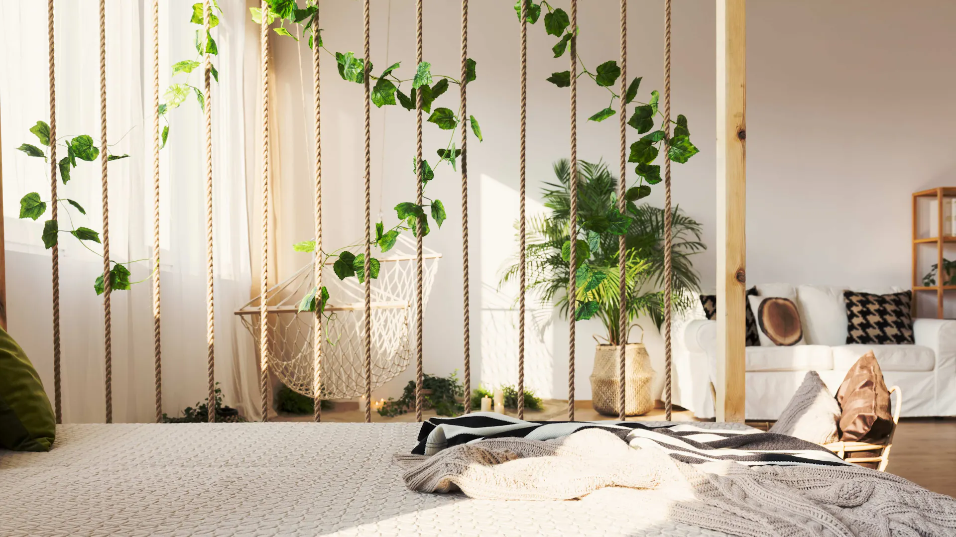 Raumteiler mit Begrünung im Schlafzimmer