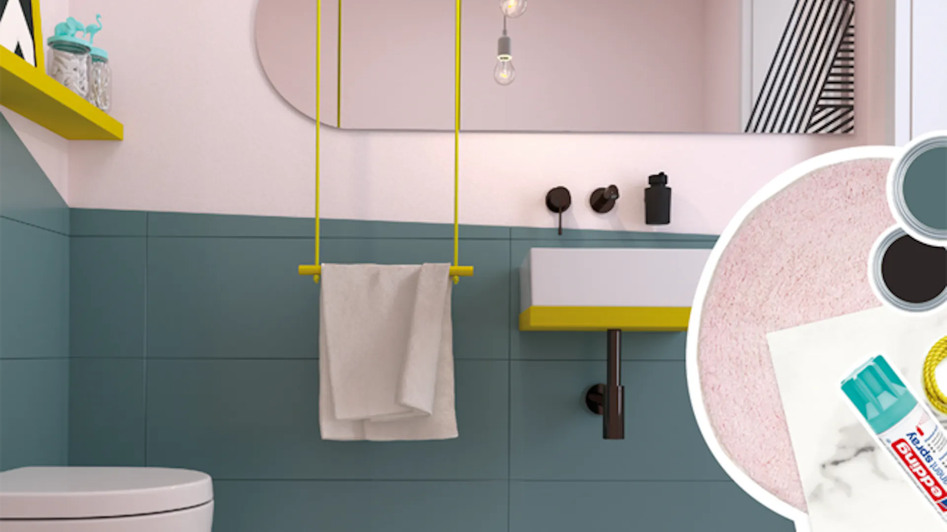 Ein modernes Bad, wo mittig ein hängender Handtuchhalter in gelb von der Decke hängt und ein langer abgerundeter Spiegel mit Tape Art an der Wand befestigt wurde.