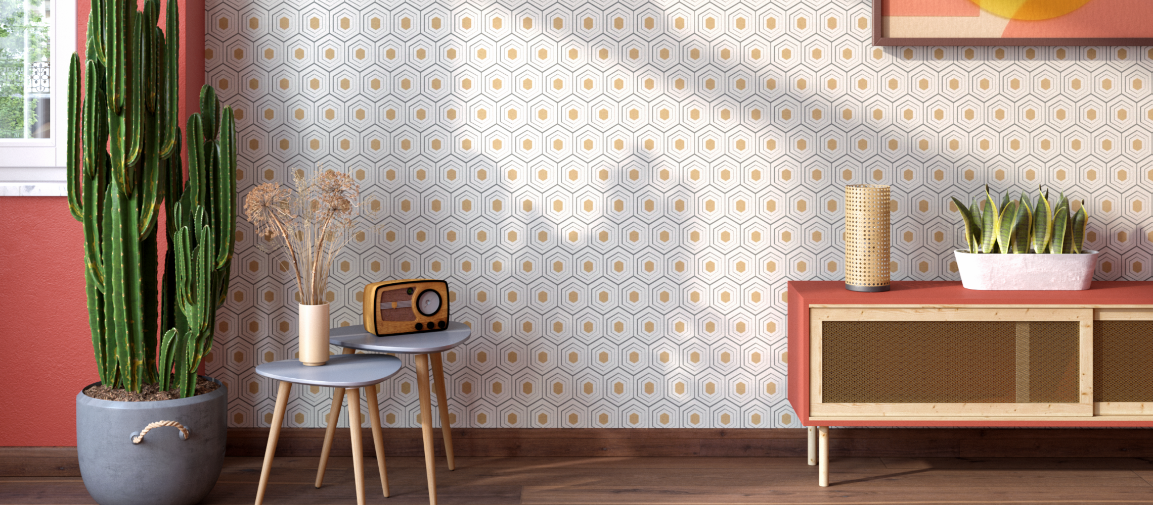 Eine Wand mit einer Tapete und Dekoration im Retro Stil