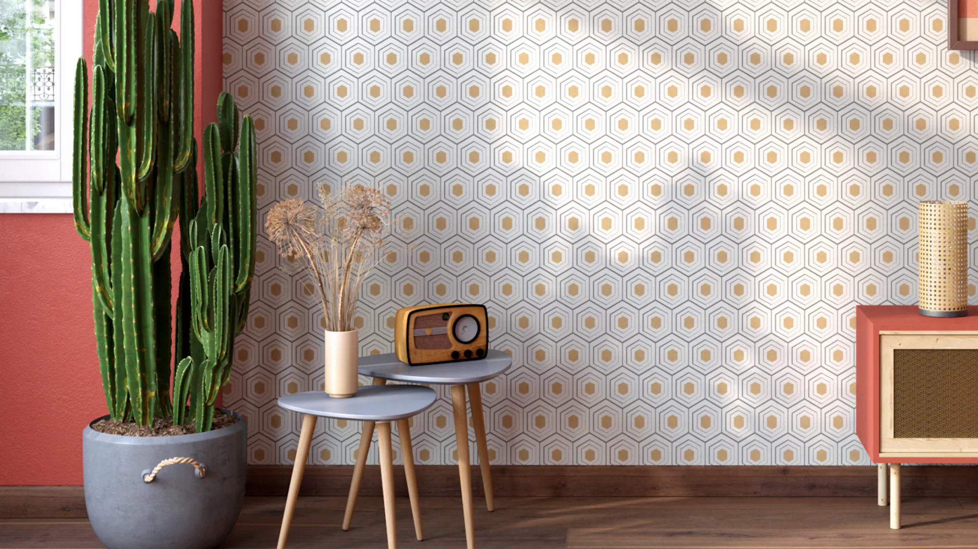Eine Wand mit einer Tapete und Dekoration im Retro Stil