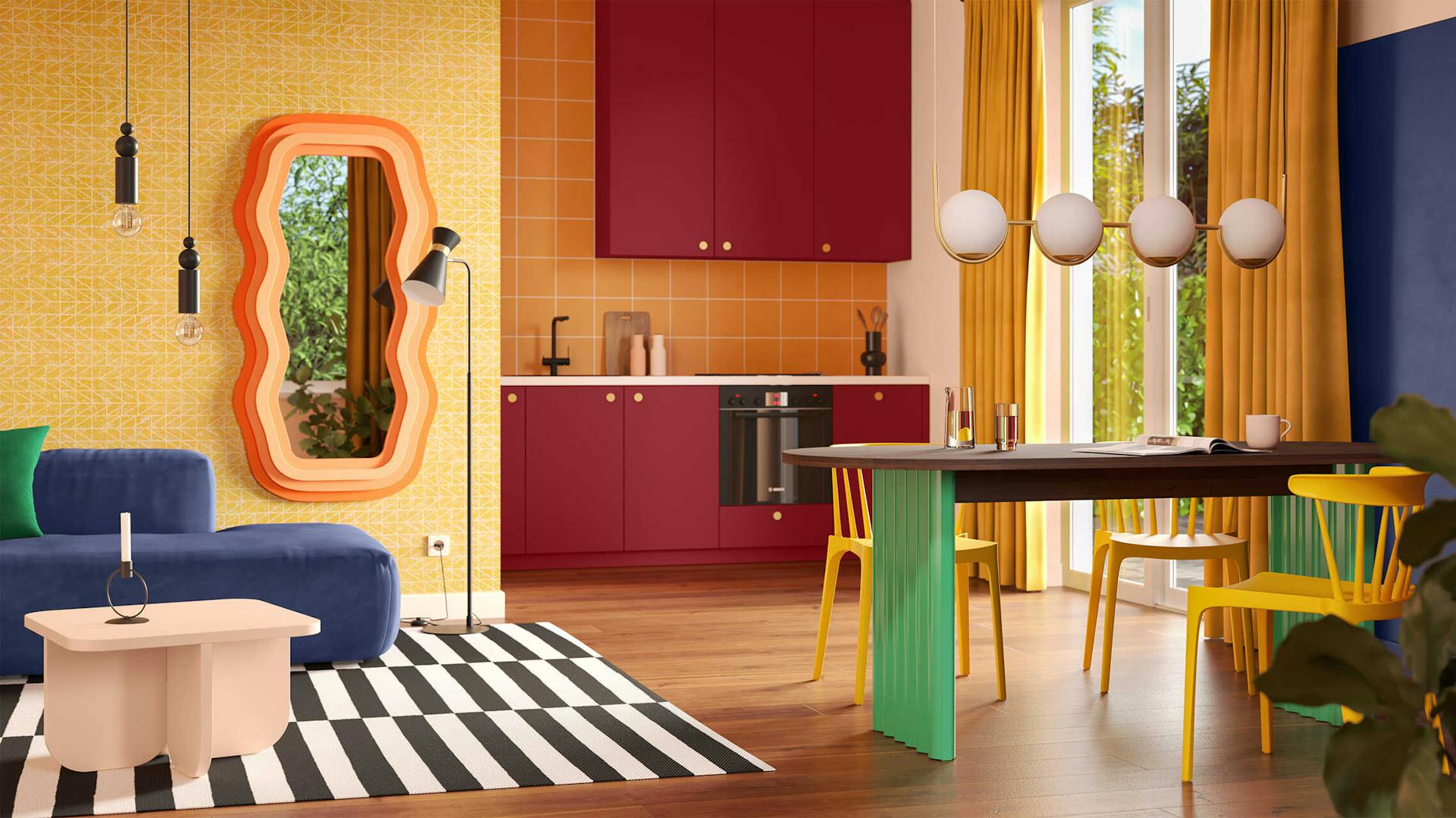 Ein bunter Wohnraum im Retro Stil