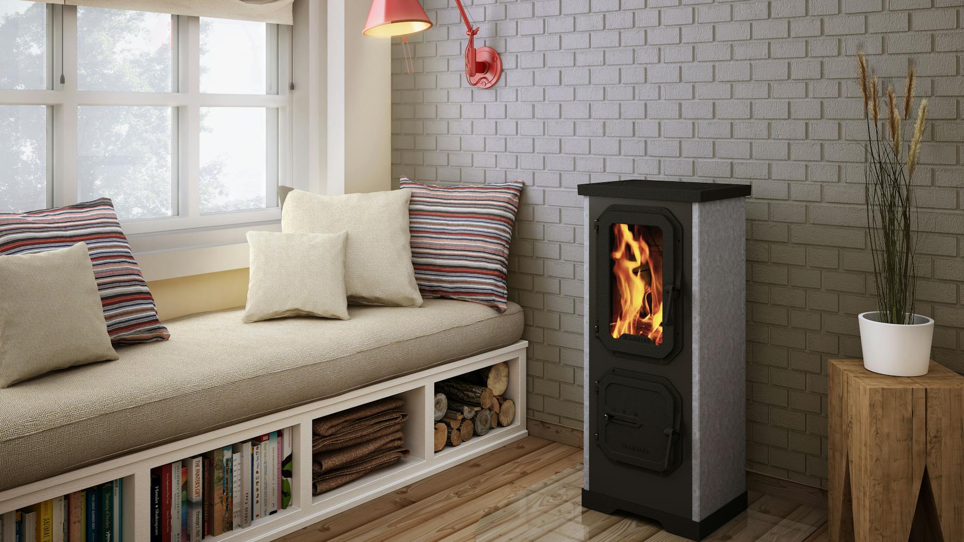 Ein schwarzer Werkstattofen steht vor einer Steinwand neben einer Sitzbank in einem Wohnzimmer.