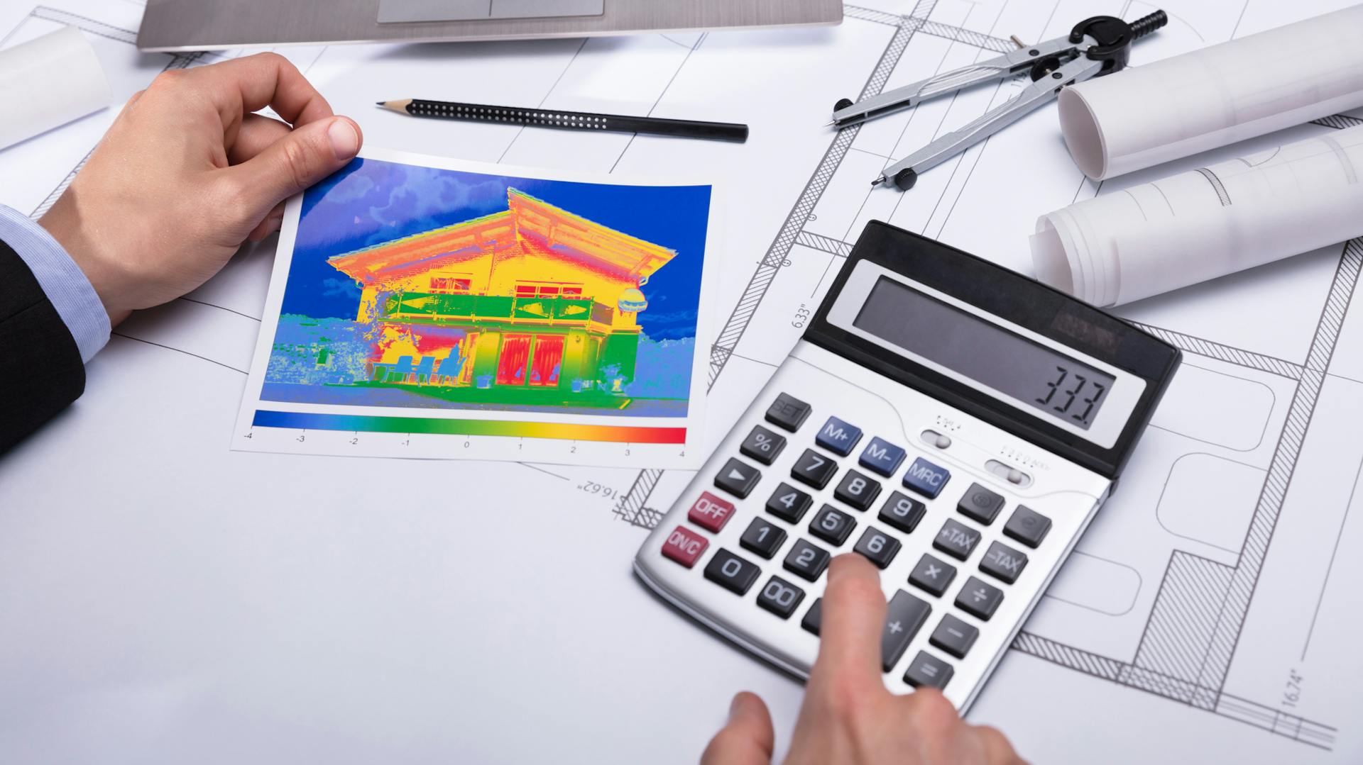 Wärmekamera-Bild eines Hauses, daneben eine Taschenrechner, auf dem jemand Zahlen eintippt.