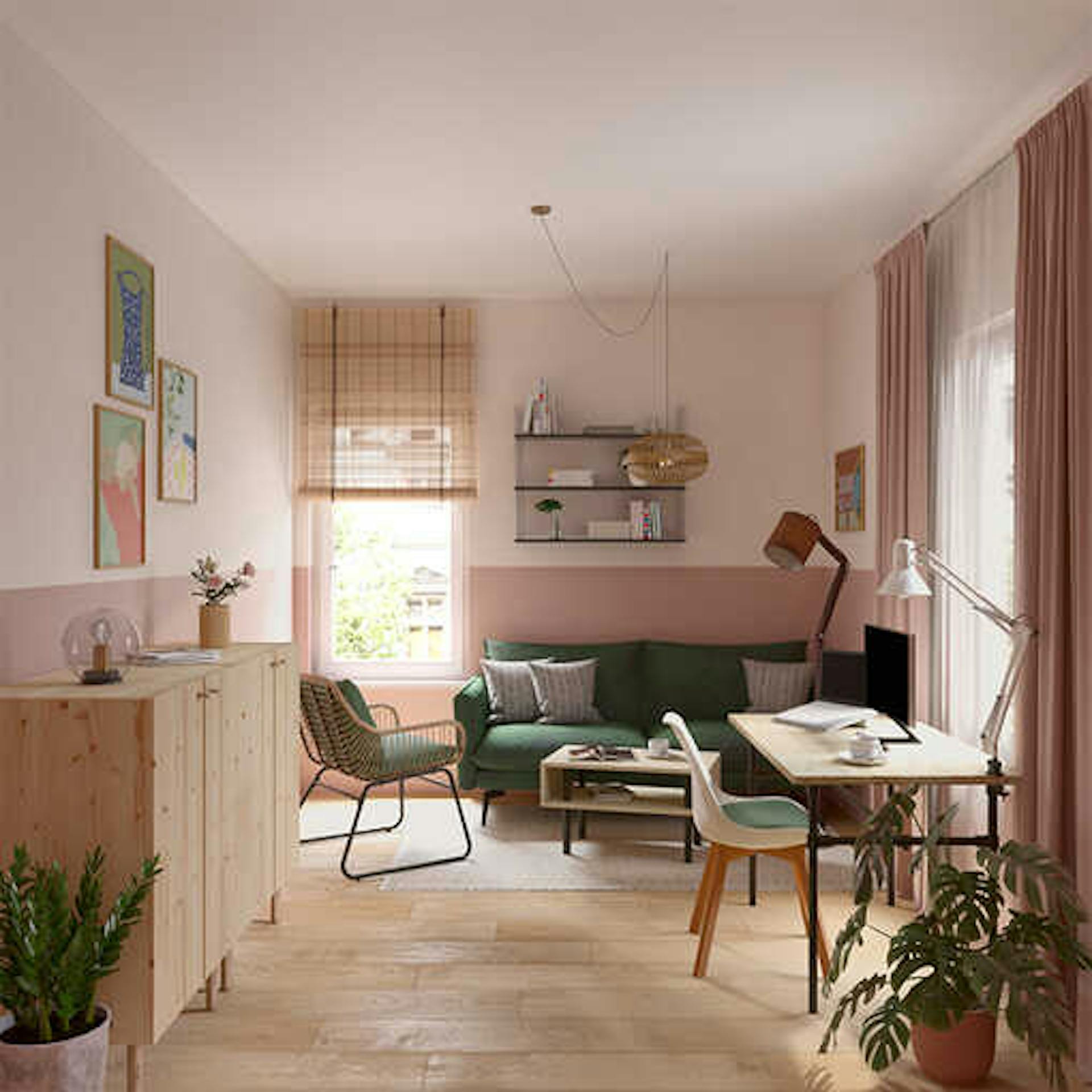 Ein gemütliches Arbeitszimmer in warmen braun Tönen und Tisch Rohrbert als Arbeitsplatz genutzt wird.