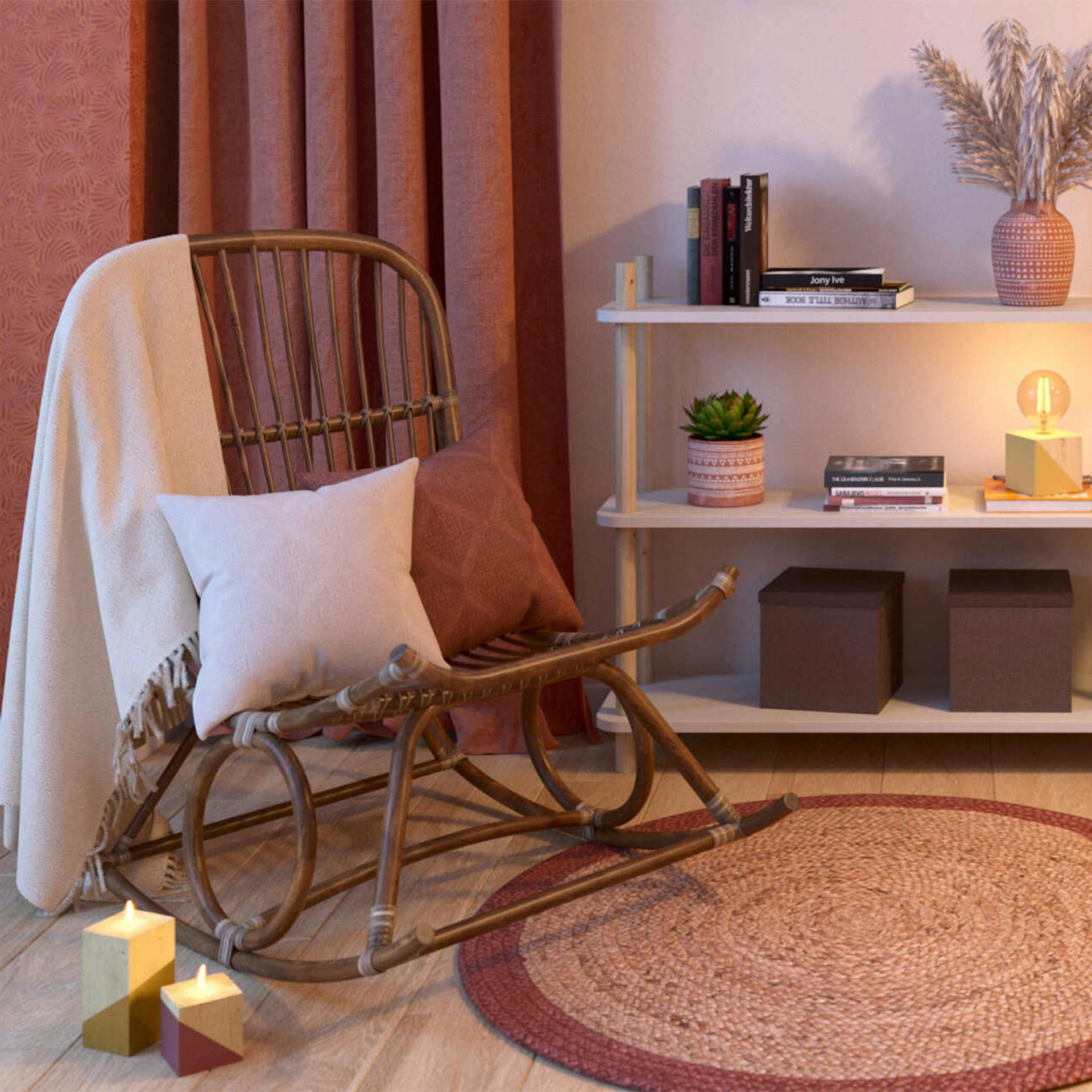 Regal Gregor steht zentriert vor einer Wand, die rechts eine große Farbfläche in Orange als Wandgestaltung nutzt, und links von ihm steht ein Schaukelstuhl mit kleinen Kissen in warmen Erdtönen.