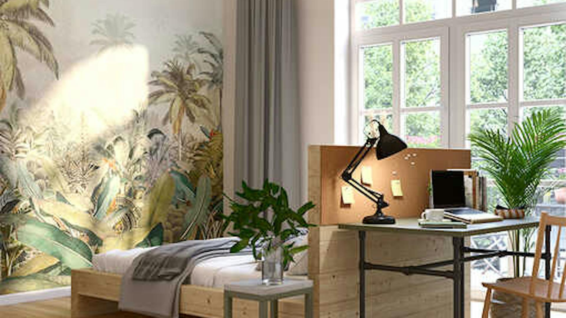 Bett Franz mit einem erhöhtem Kopfteil, an dem Tisch Robert drangestellt worden ist, steht mittig im Raum, der eine einzelne Wand mit Dschungeltapete besitzt.