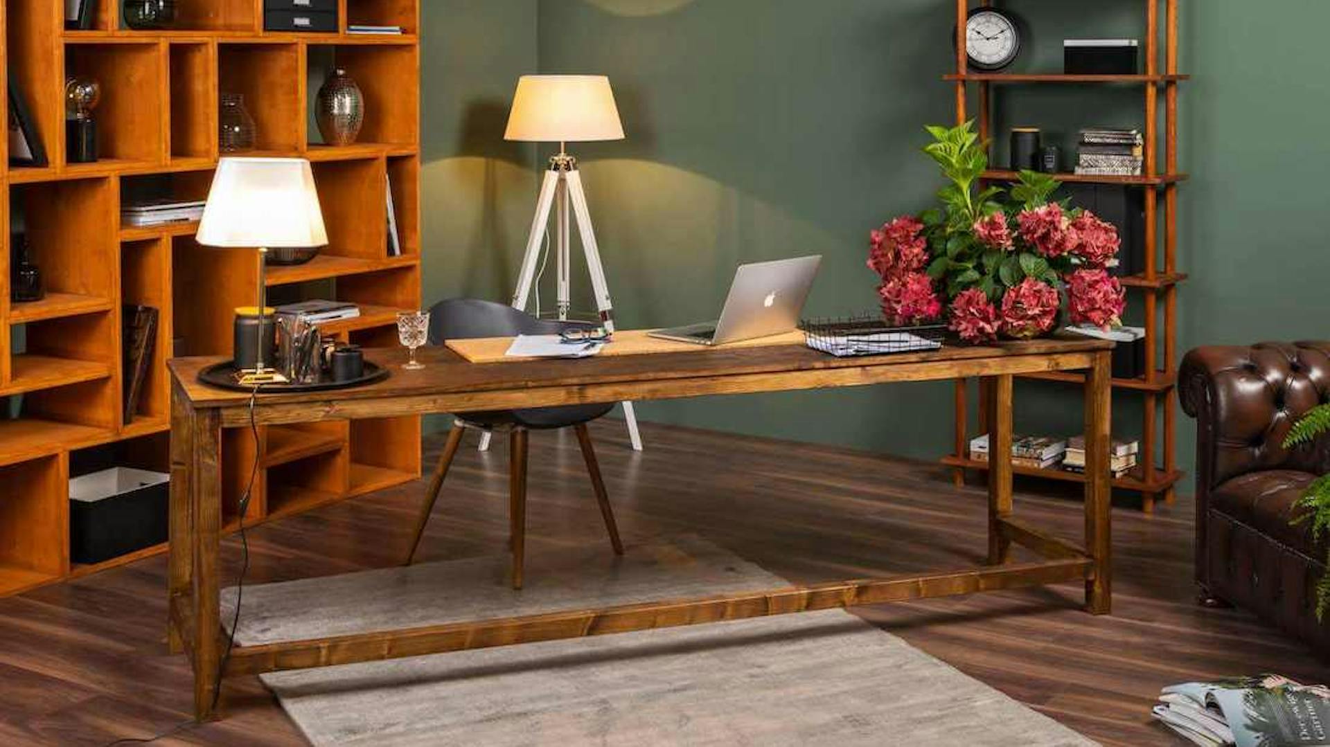 Schreibtisch Egon steht in der Ecke eines grünen Raum vor zwei Regalen.