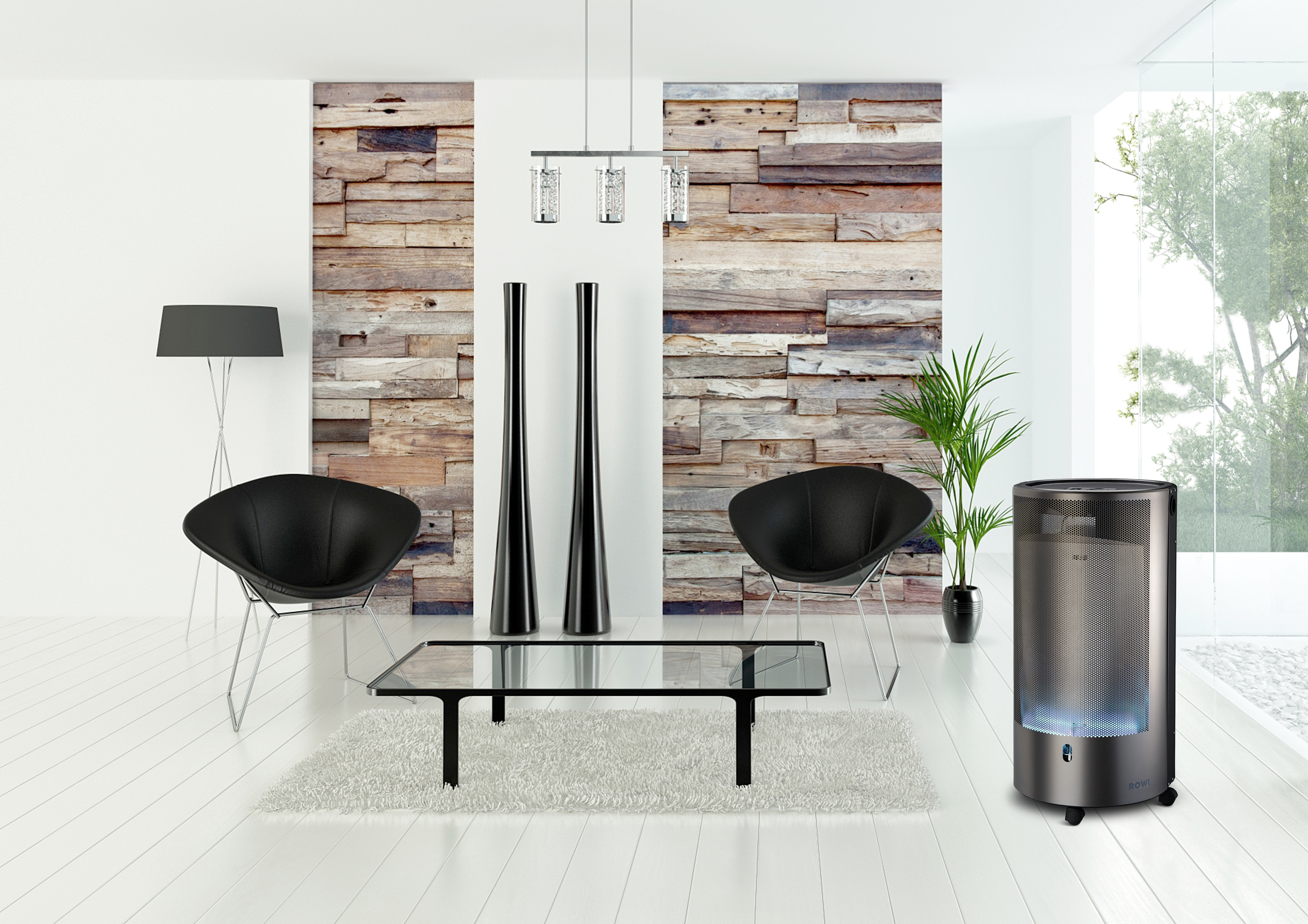 Ein schwarzer Gasofen steht in einem Wohnzimmer