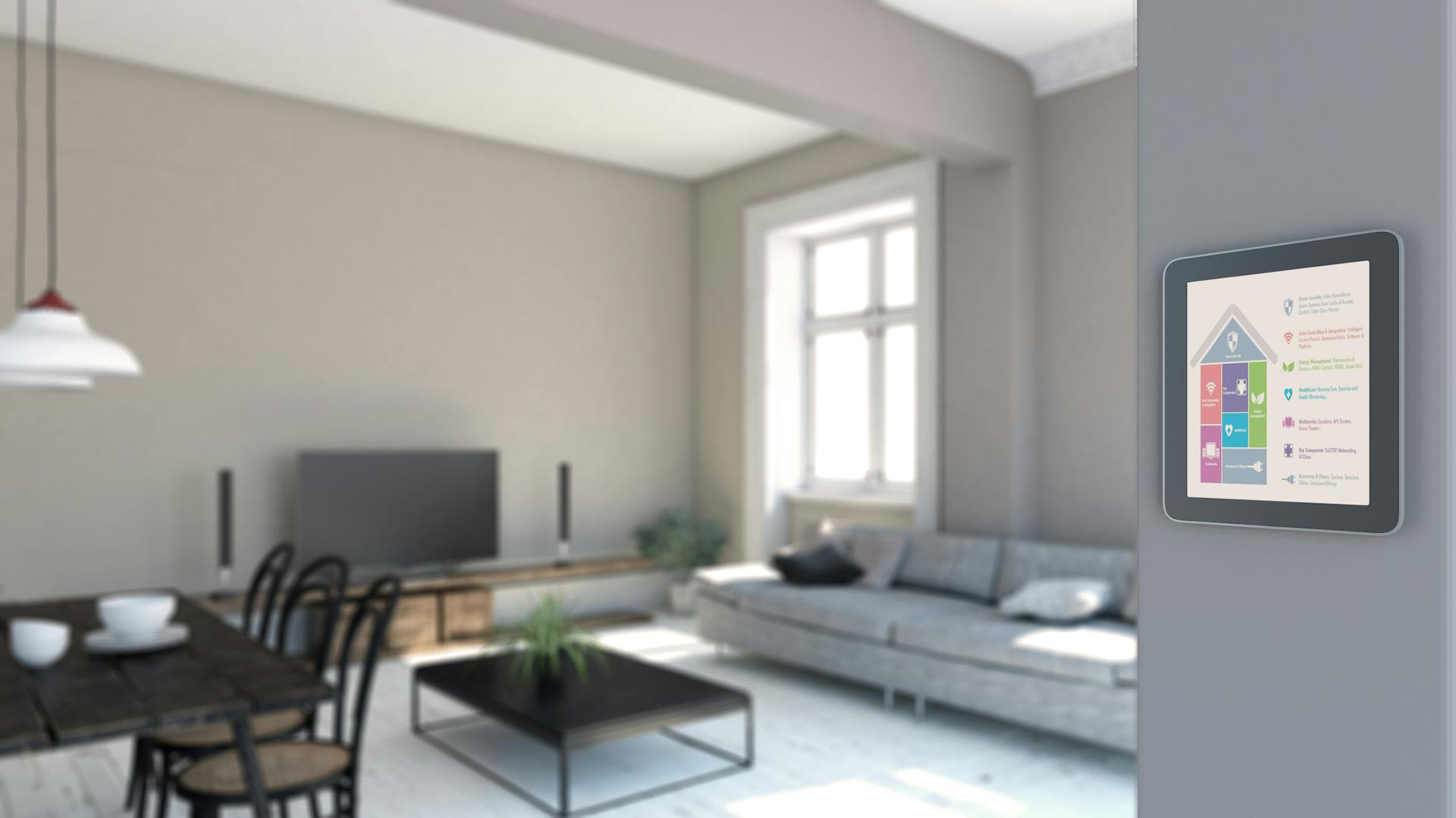 Wohnzimmer mit Steuerungs-Einheit für smarte Geräte an der Wand