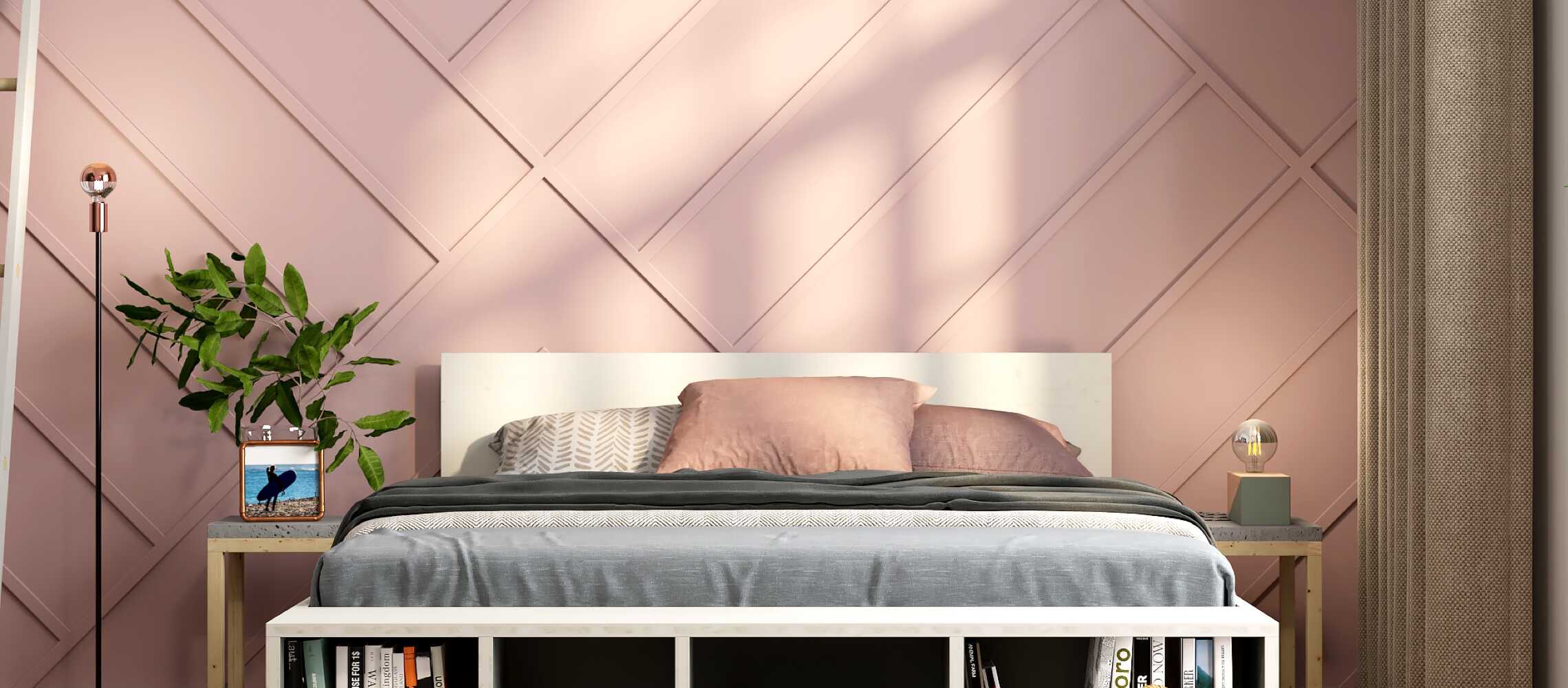 Bett Wilhelm steht zentriert vor einer Wand die mit Holzleisten dekoriert ist.