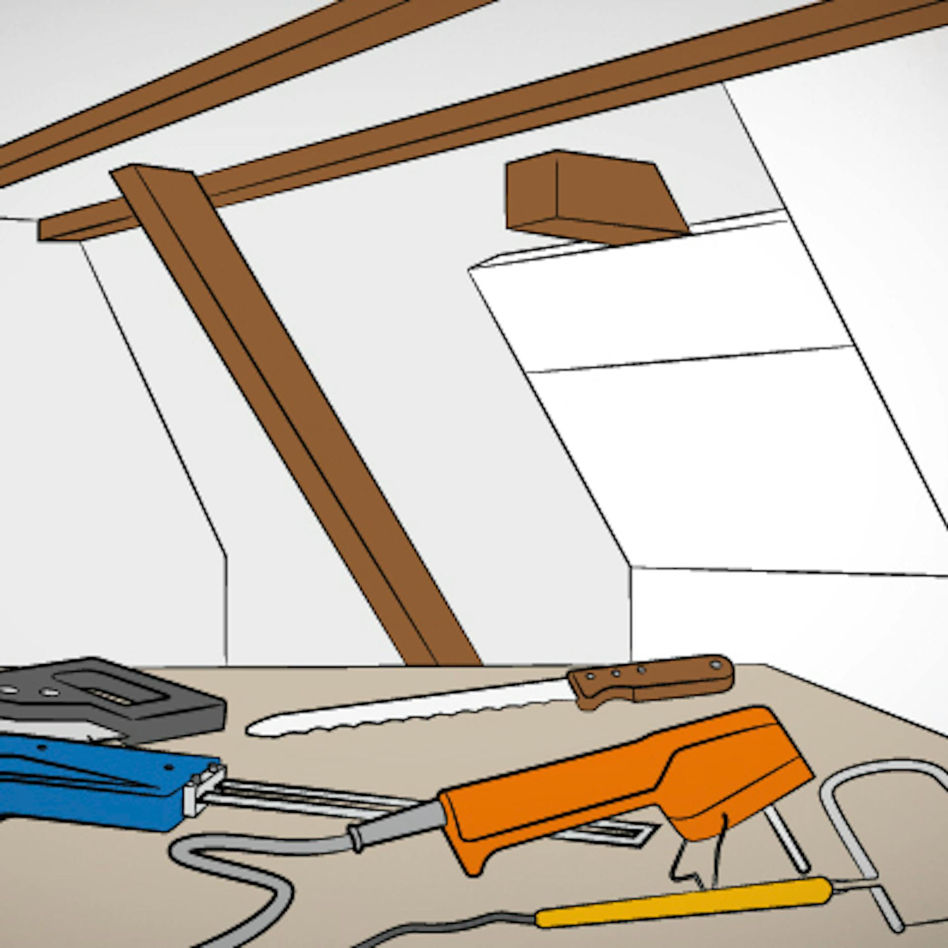 Verschiedene Schneidewerkzeuge auf dem Boden vor einer Wand mit Styroporplatten