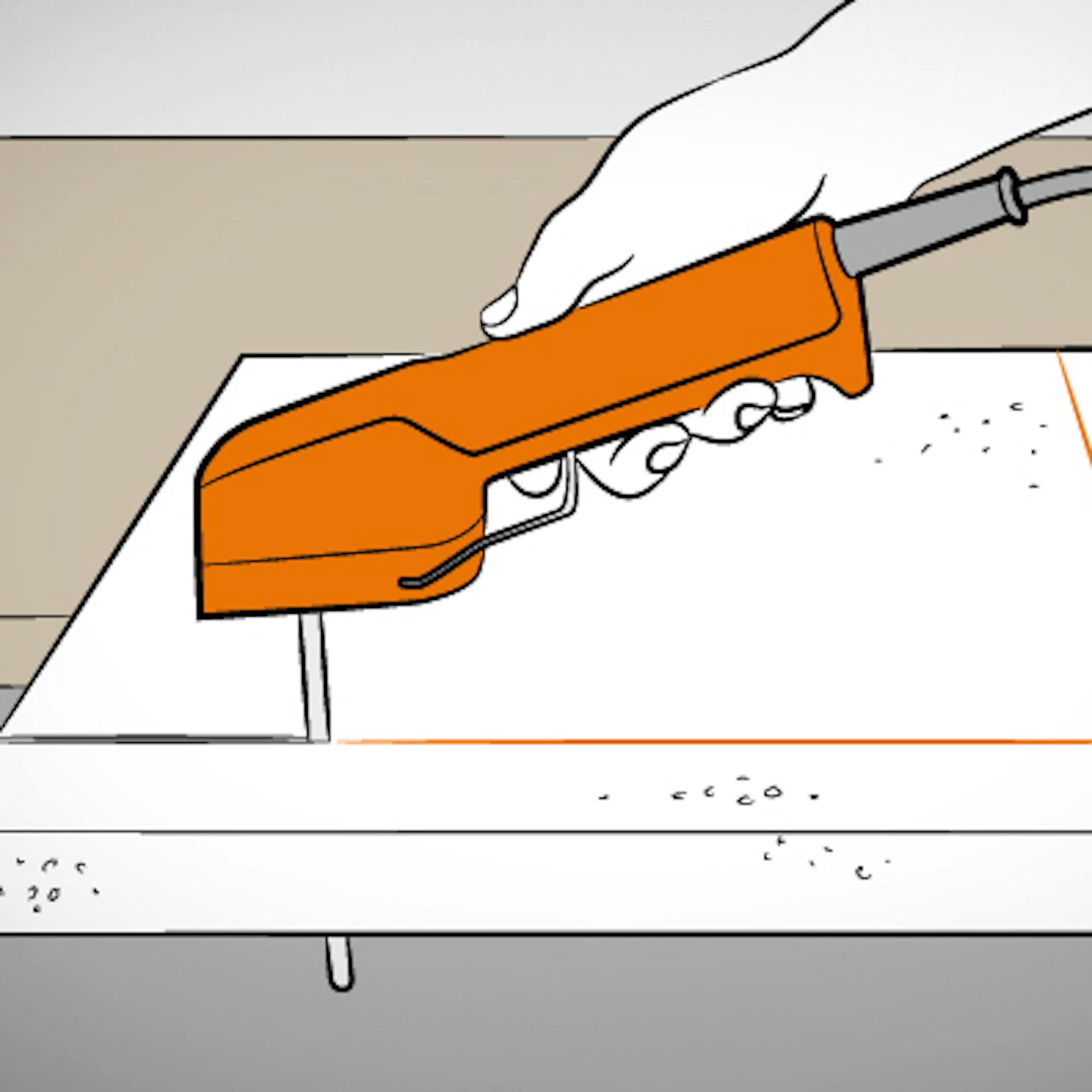 Hand mit Styroporschneider schneidet durch Styroporplatte.