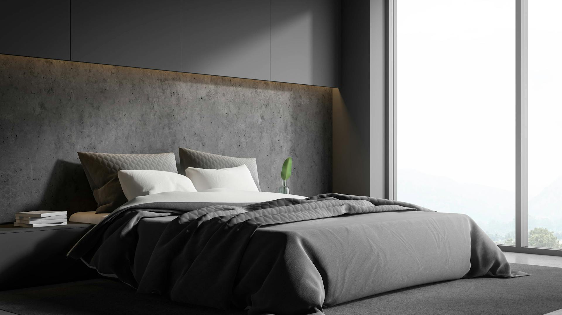 Modernes Schlafzimmer mit Tapete in Betonoptik