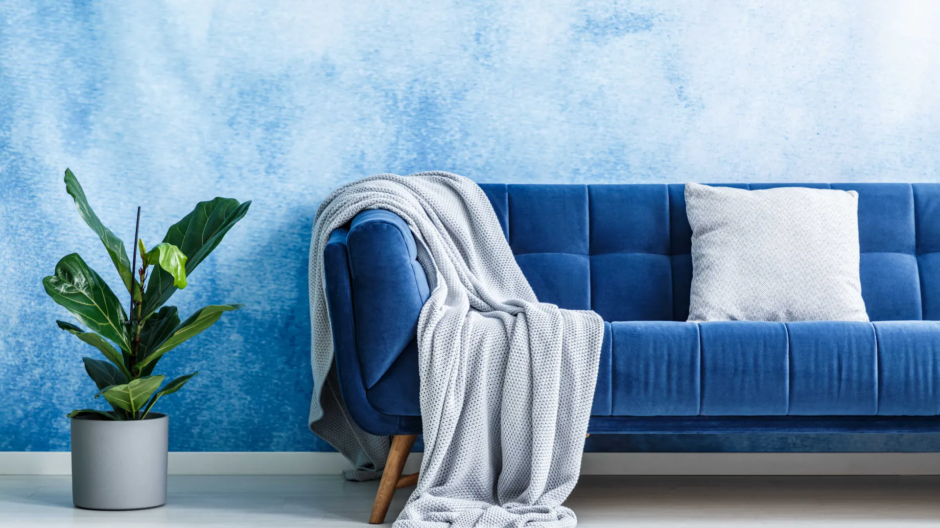 Blaue Mustertapete, davor ein blaues Sofa.