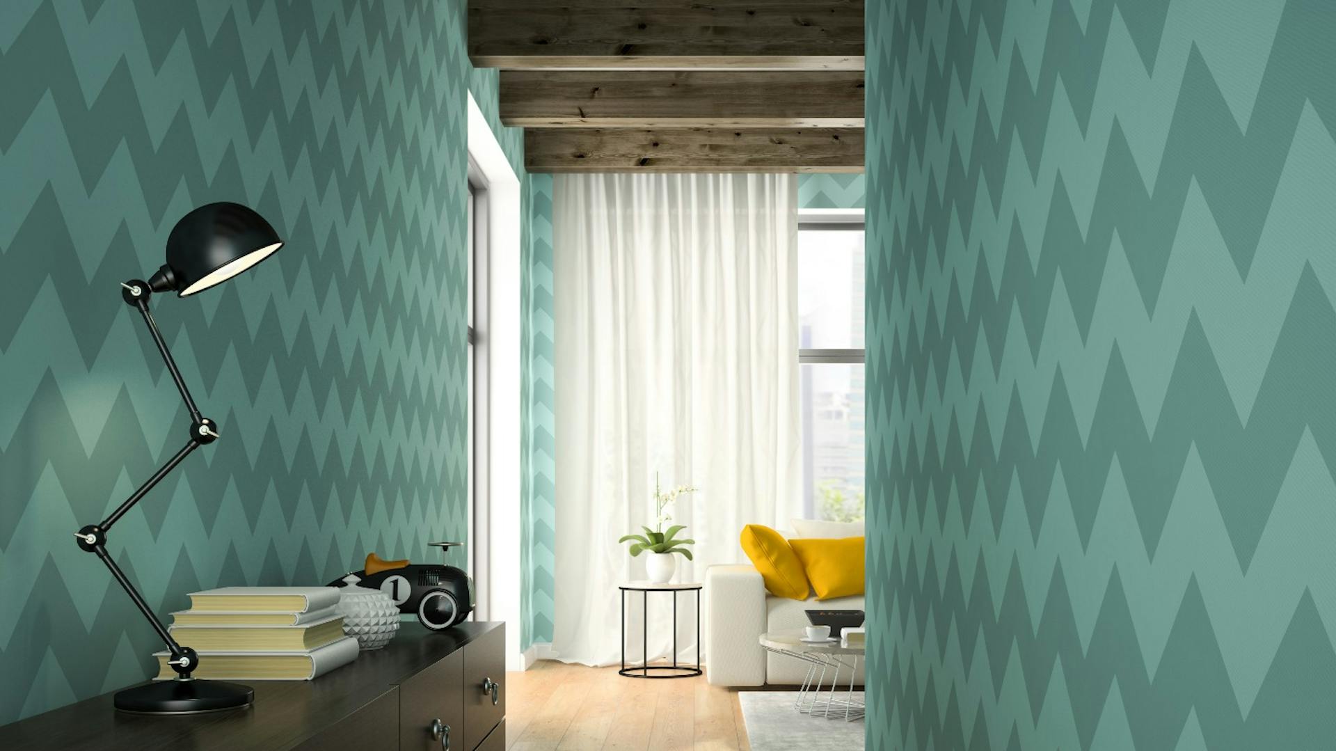 Flur mit grüner Tapete, Tischlampe und natürlichem Licht durch Terrassentür