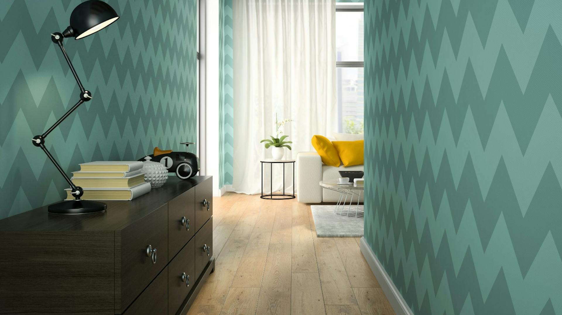 Flur mit dunkler Kommode und grüner, gemusterter Tapete