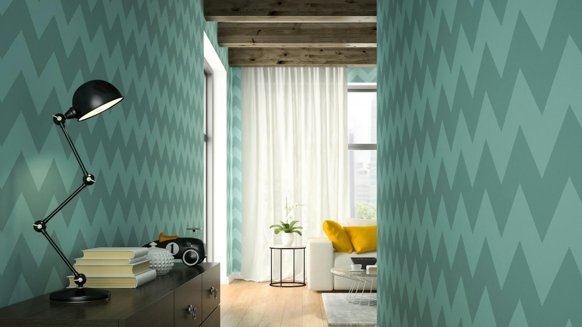 Hausflur mit grüner Tapete im Zickzack-Muster