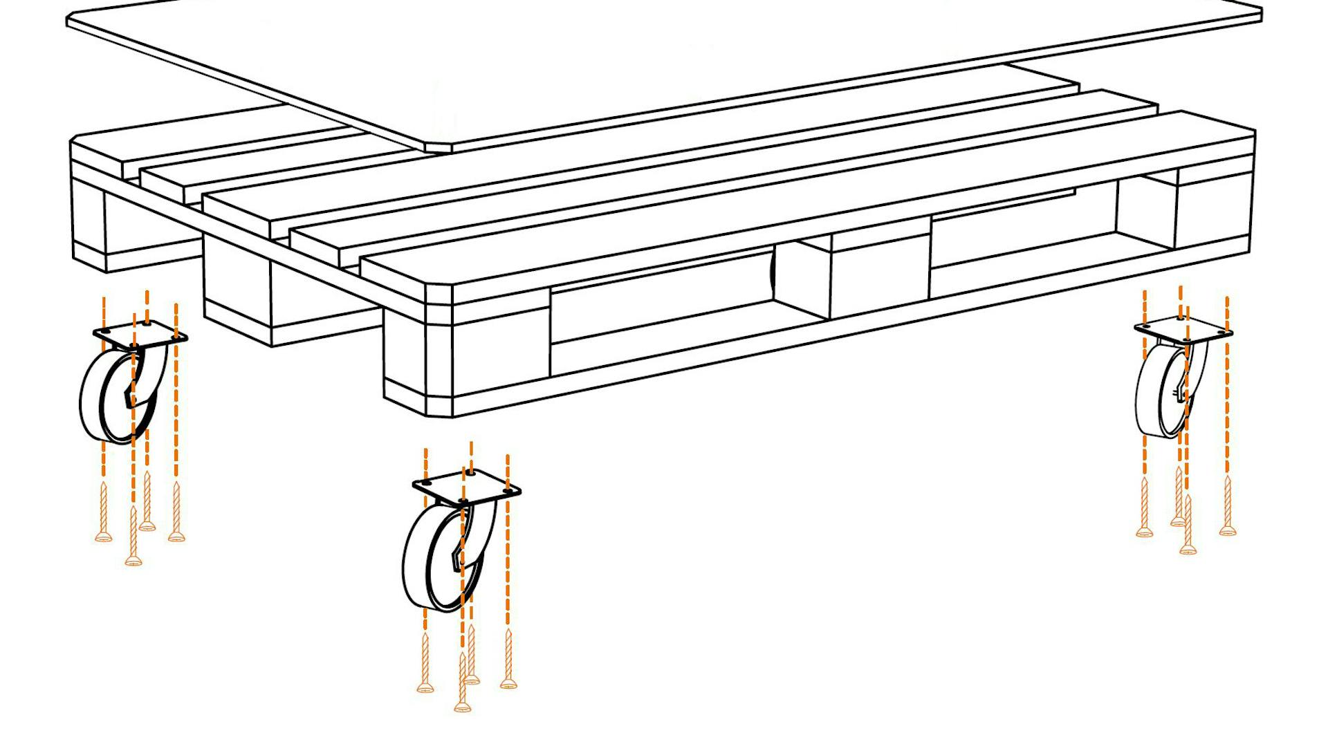 Grafik zum Anbringen von Rollen an Palette zur Herstellung eines Tisches