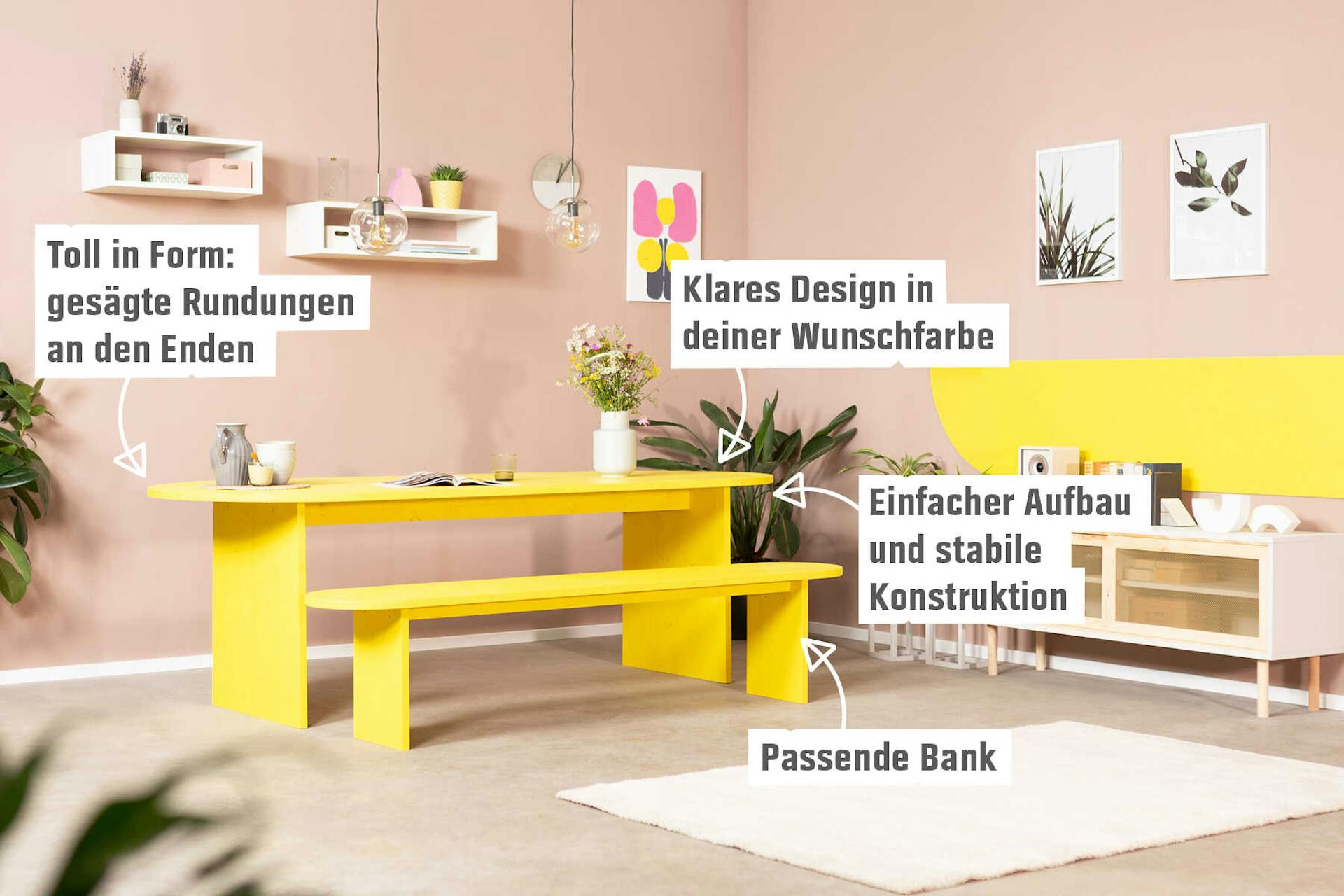 Tisch Clemens mit designgleicher Bank und Benennung der Vorteile.
