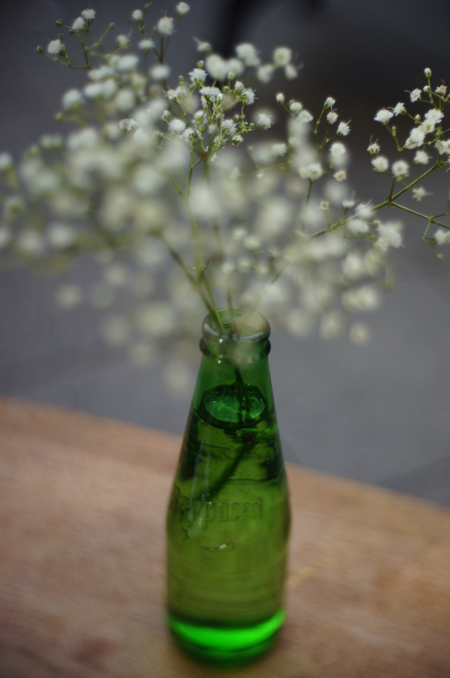 Una bottiglia di vetro verde come vaso per fiori recisi.