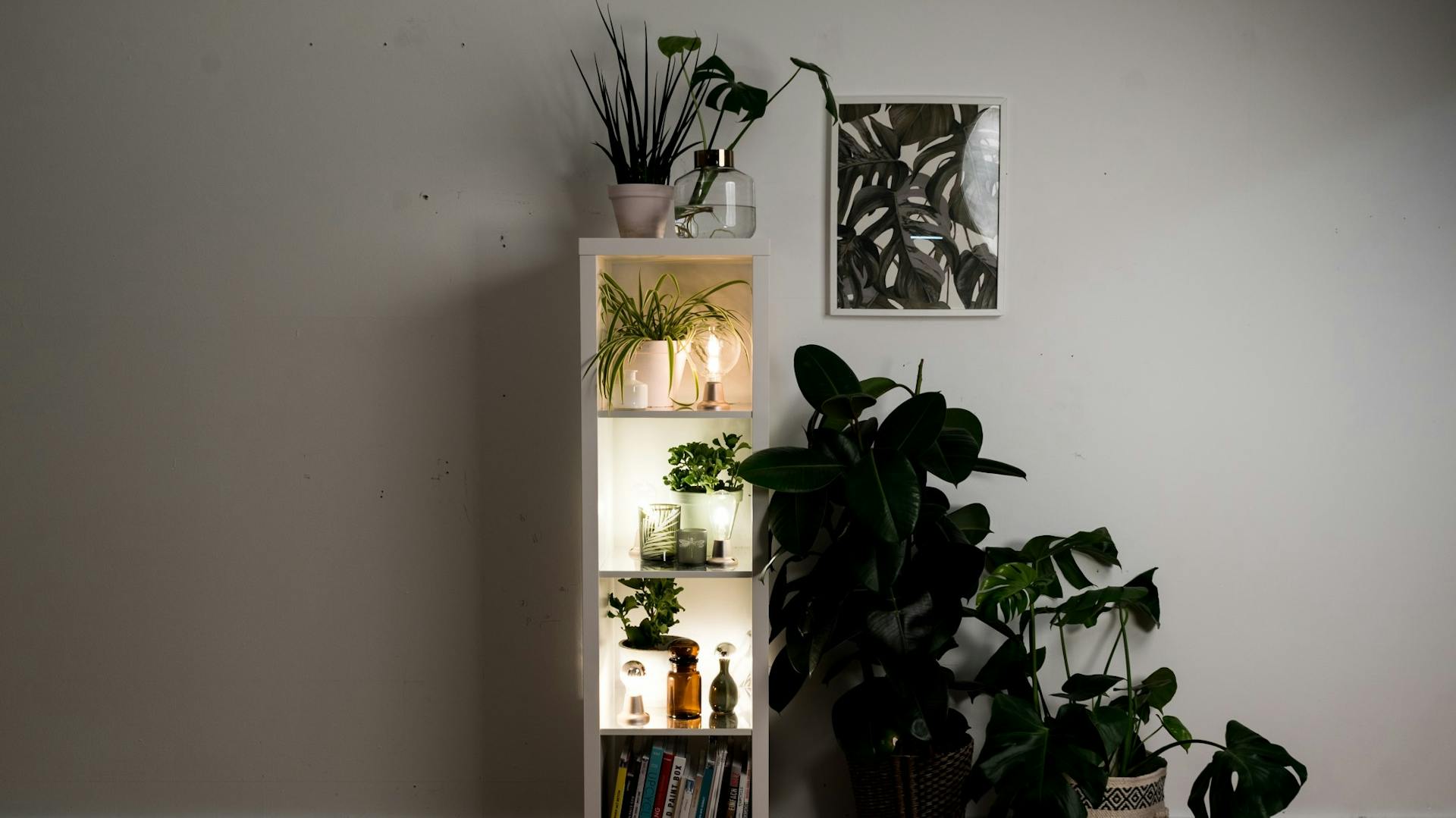 Scaffale illuminato: un semplice scaffale bianco, con portalampada e lampadina diventa un nuovo mobile.