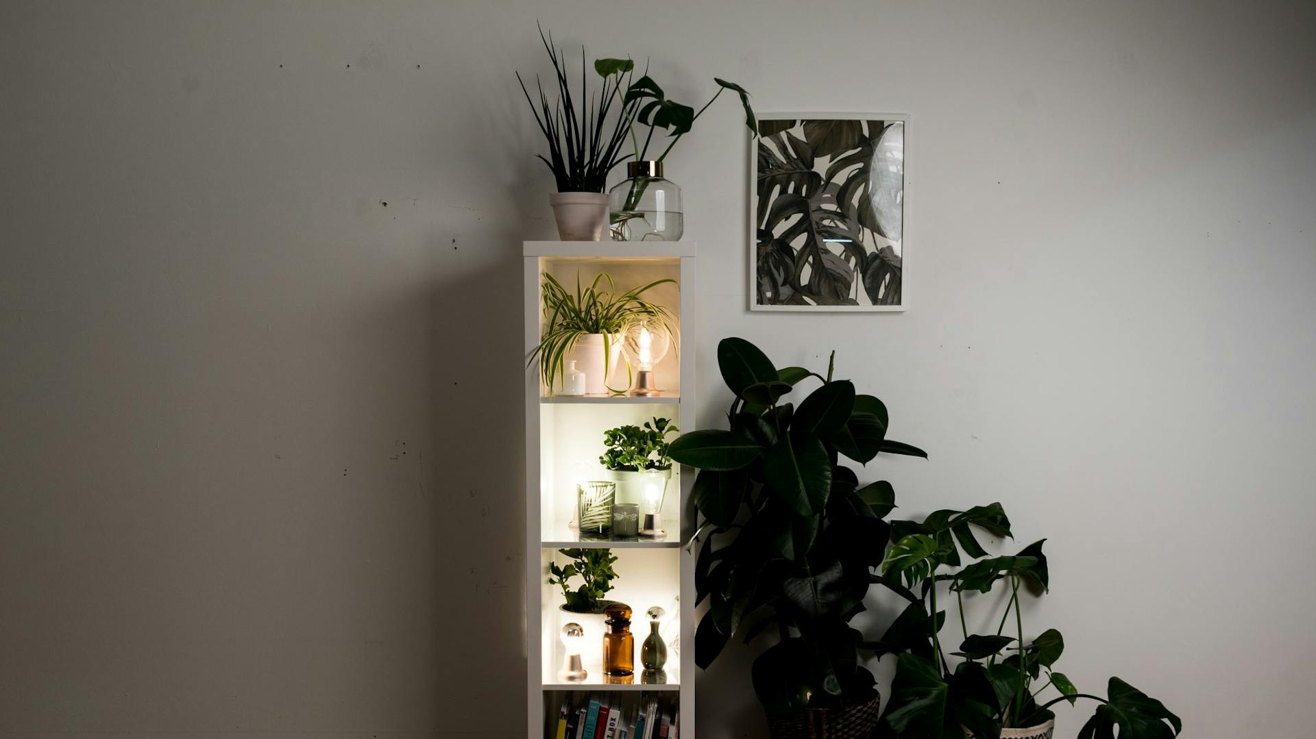 Osvětlená police: Z jednoduché bílé police se díky objímce a žárovce stane nový kus nábytku.