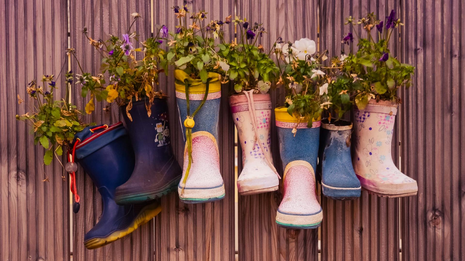 Stivali in gomma con rivestimento in legno, appesi a una parete.