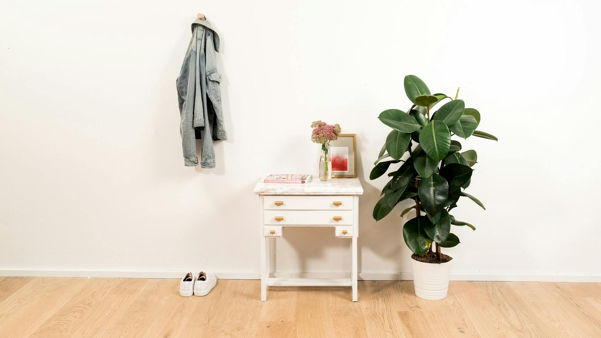 Upcyclovaná biela skrinka vedľa zelenej izbovej rastliny v bielej miestnosti, v ktorej je zavesená bunda.