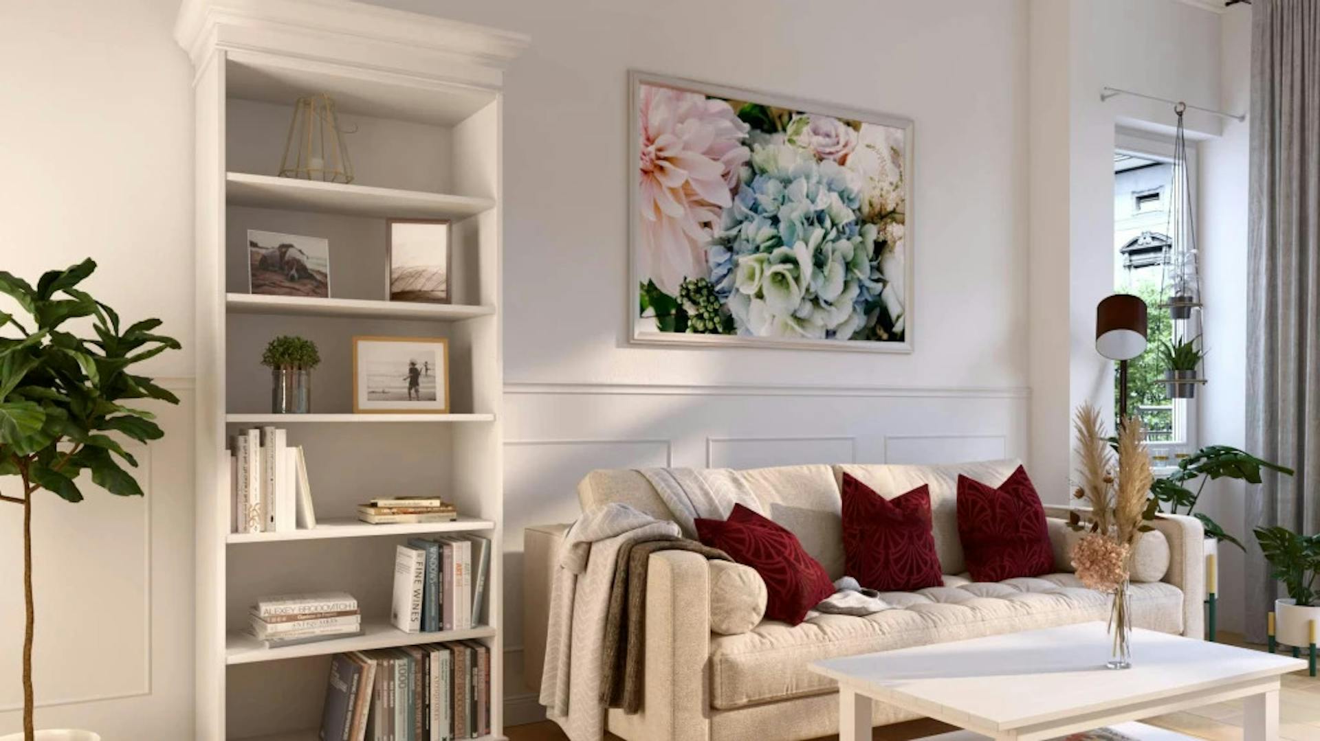 Ein Wohnzimmer mit weißen Möbeln. Ikea Regal Billy wurde im Landhausstil verschönert.