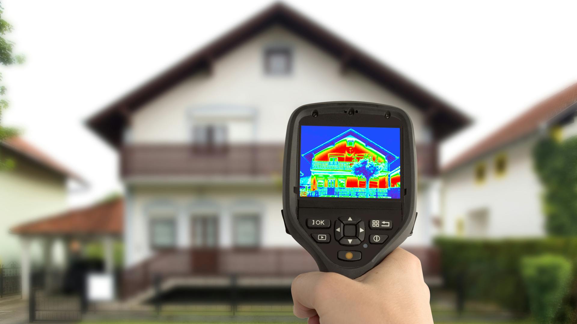 Person hält Wärmebildkamera vor Haus.