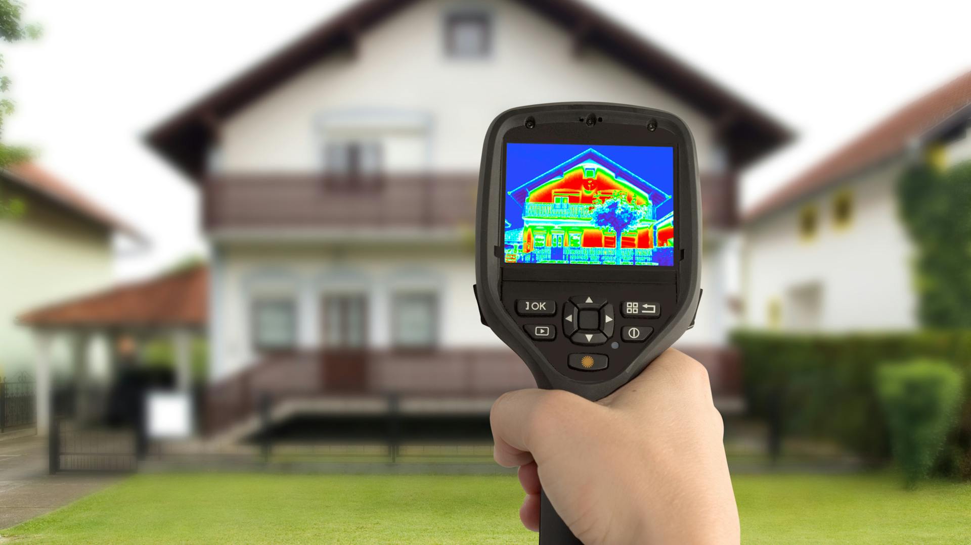 Eine Person erfasst die Wärmeverluste am Haus mithilfe von Thermografie