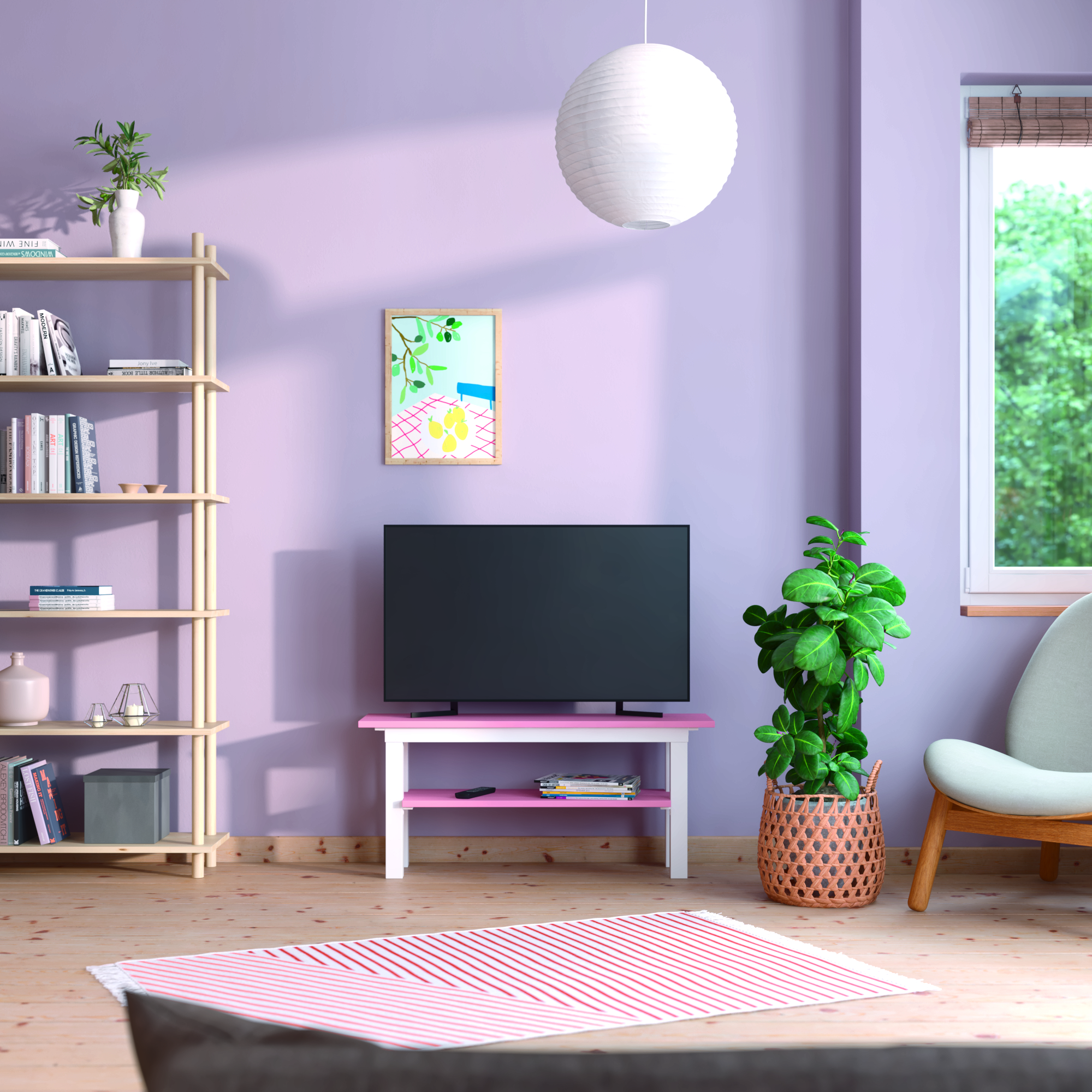 Fernseher vor Wand in Fliederlila