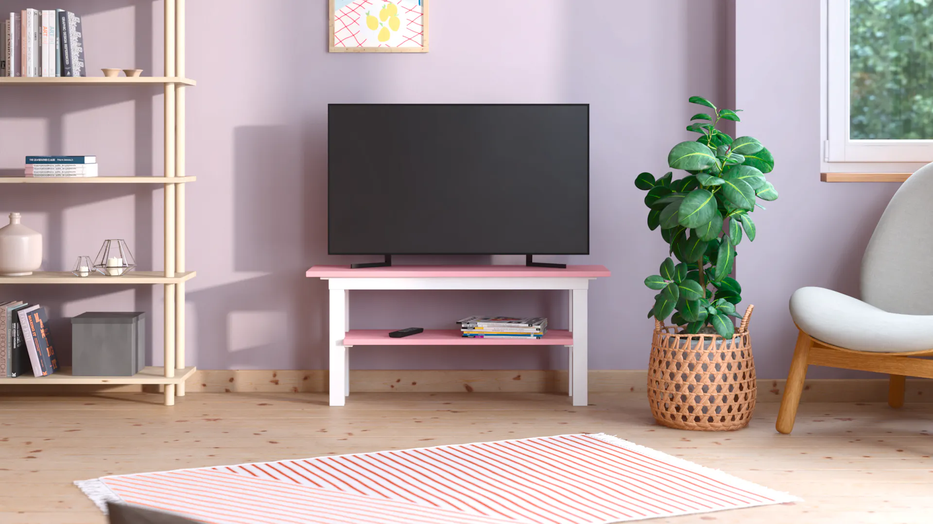Fernseher vor Wand in Fliederlila