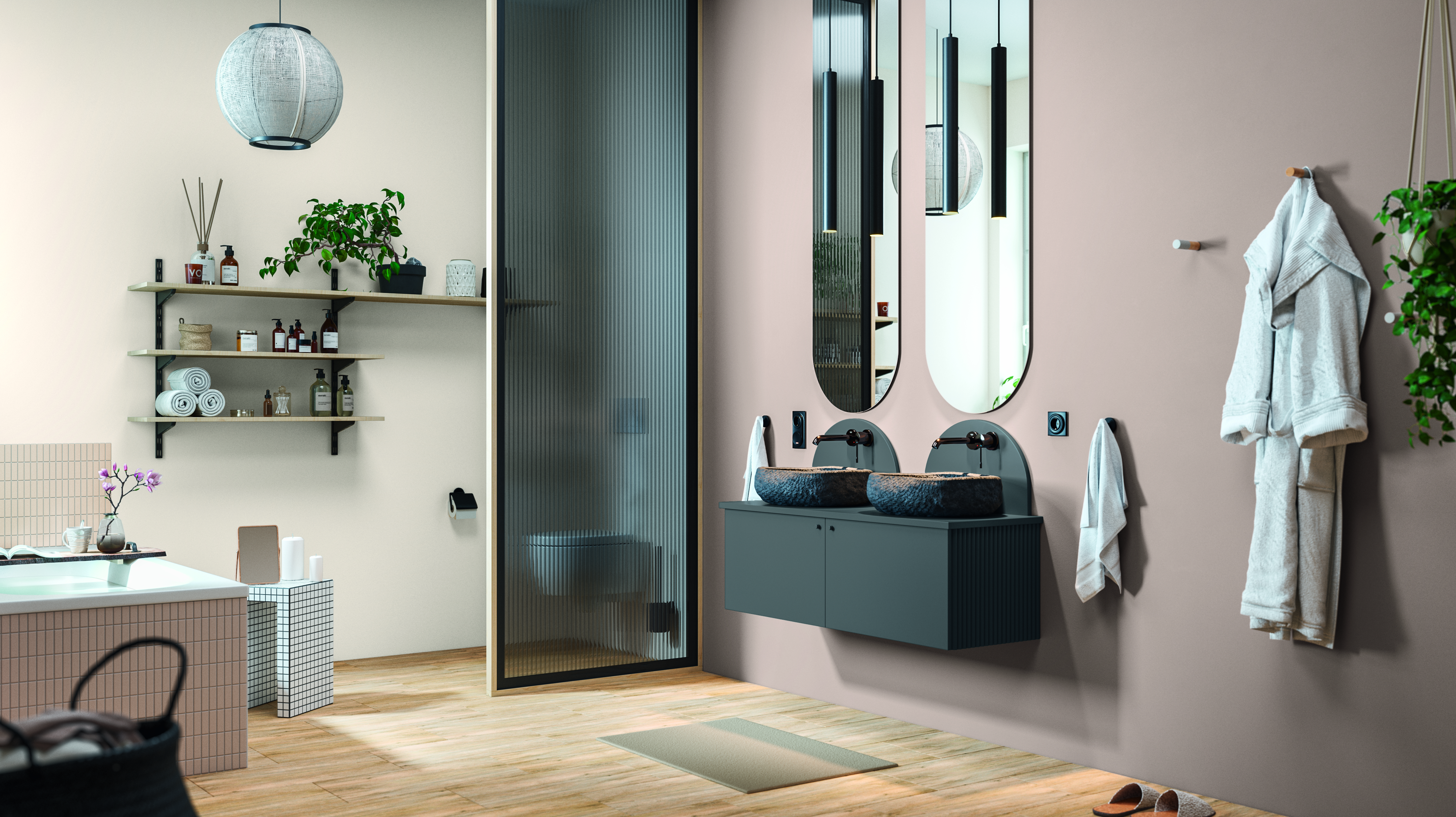 Badezimmer mit beiger Wand
