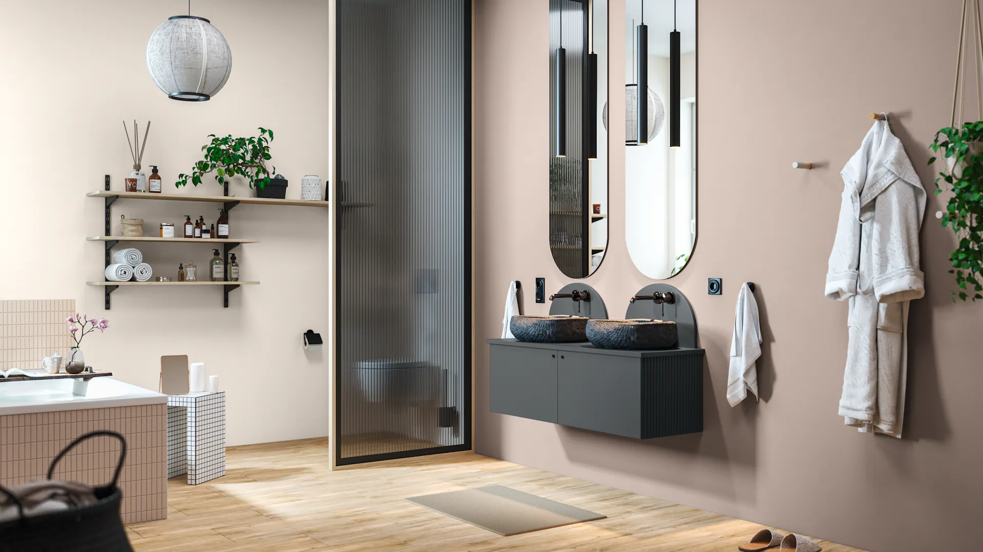 Badezimmer mit beiger Wand