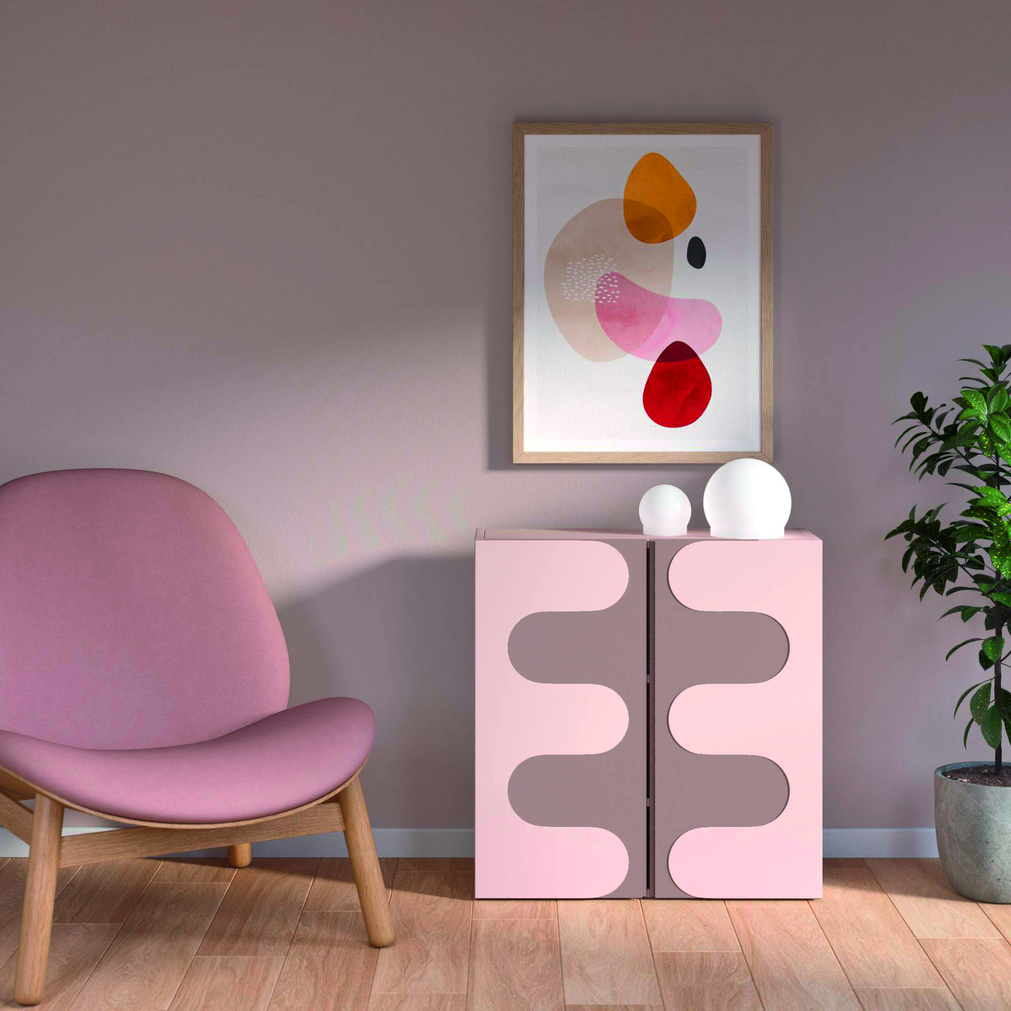 Sessel und Kommode vor Wand in Taupe