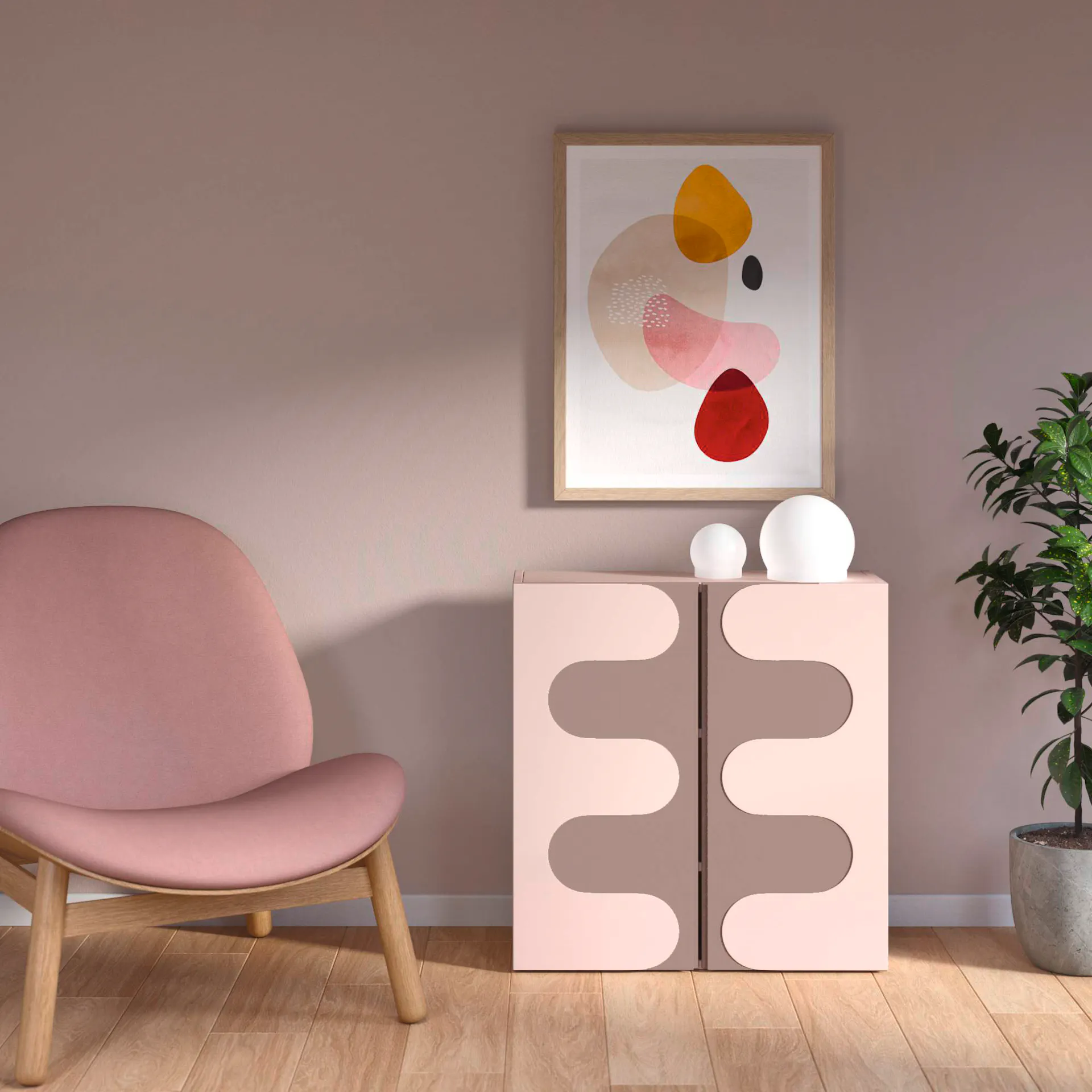 Sessel und Kommode vor Wand in Taupe