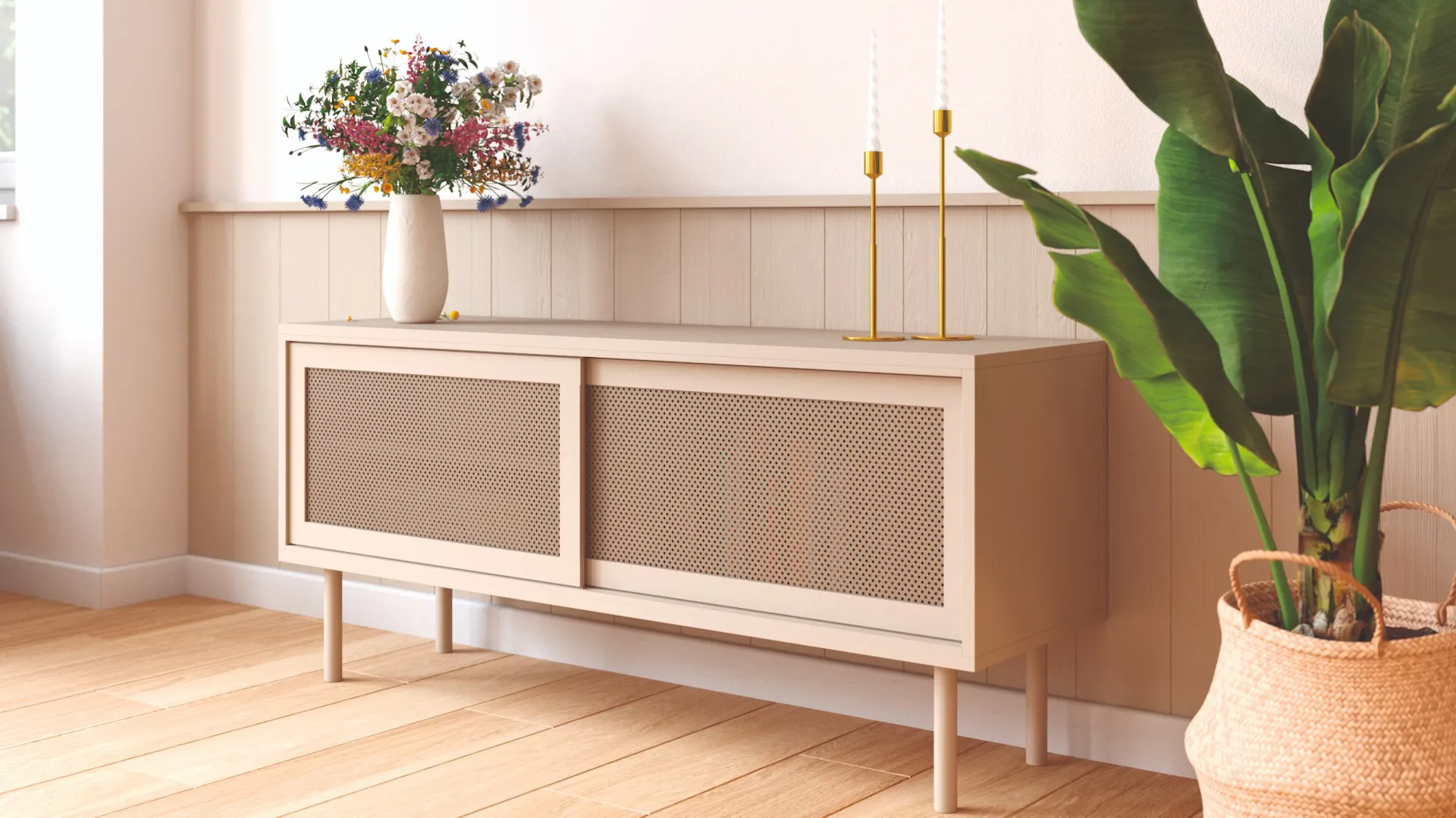 Sideboard vor Wand in stimmigem Kaschmirbeige
