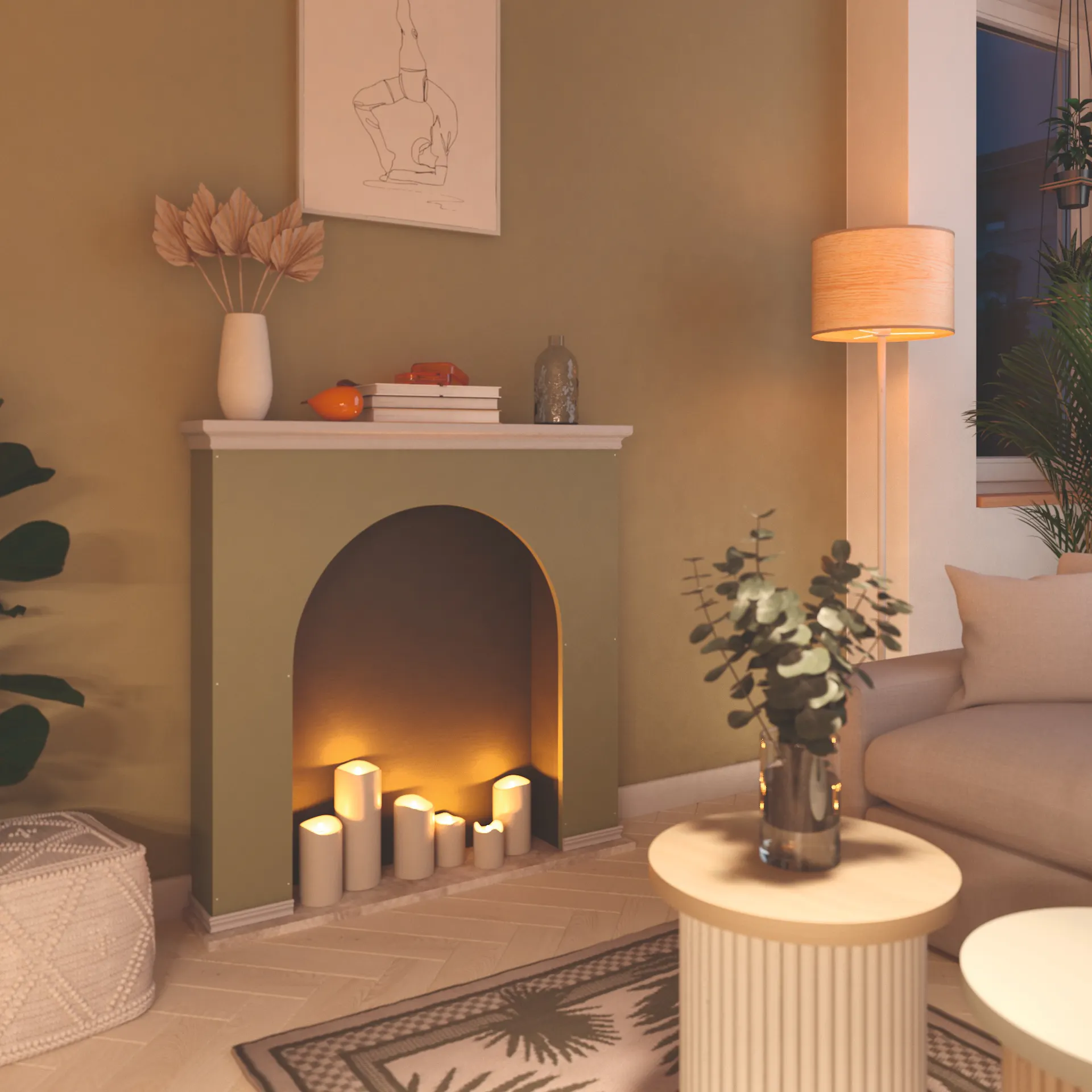 Salbeibeige gestrichener Kaminbereich im Wohnzimmer