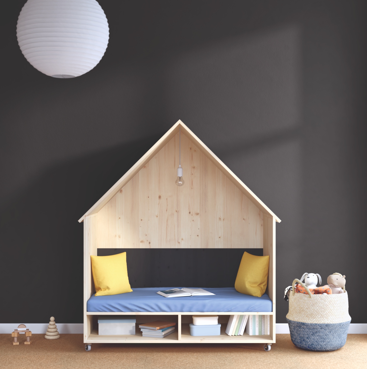 Bett vor indigofarbener Schlafzimmerwand