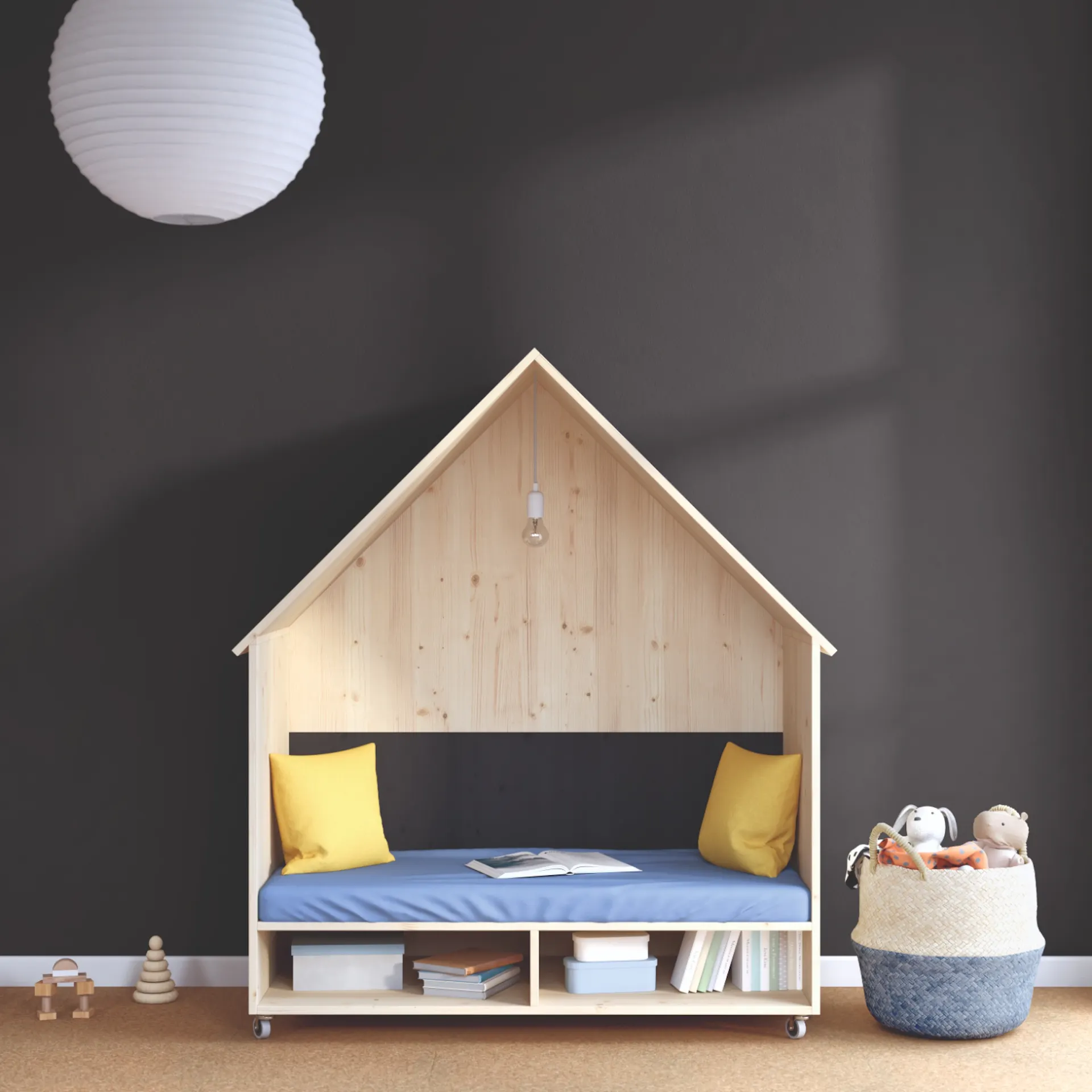 Bett vor indigofarbener Schlafzimmerwand