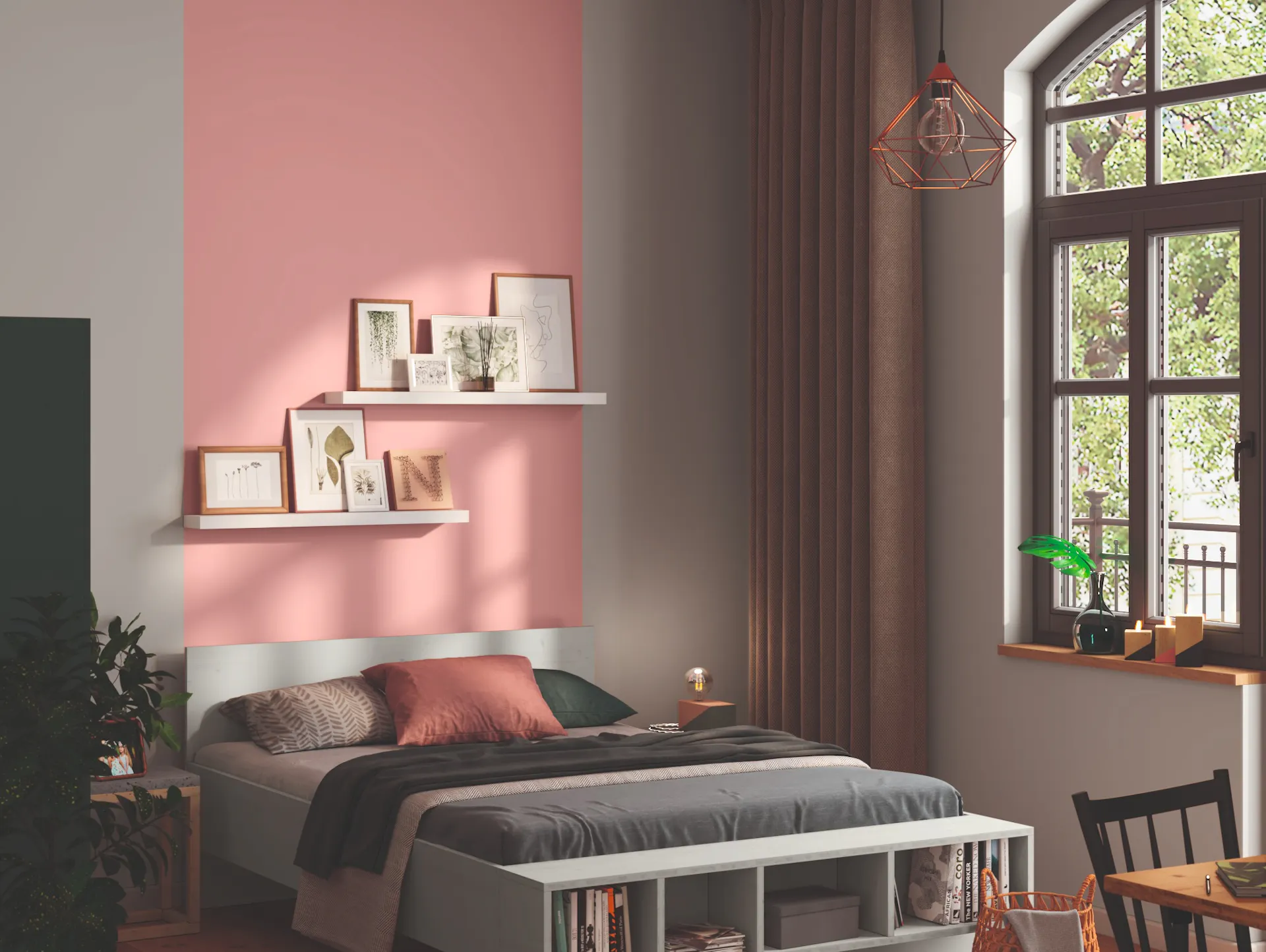 Bett vor Schlafzimmerwand mit rosafarbenen Akzenten