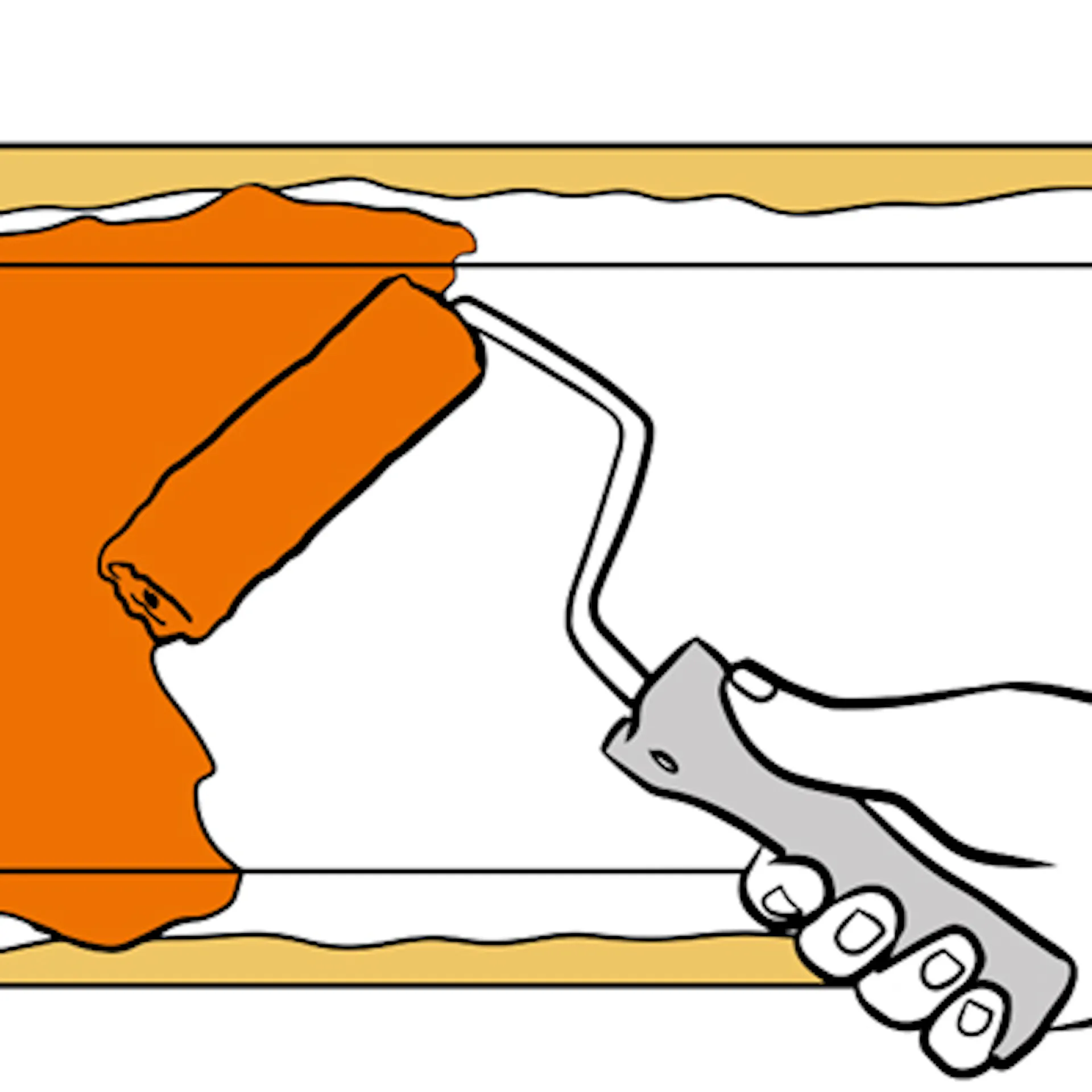 Heimwerkerin streicht mit einer Farbrolle orange Farbe an die Wand.