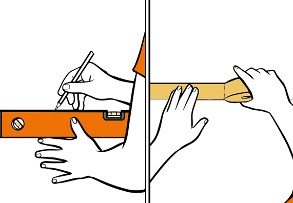 Heimwerker markiert Wand mit Wasserwaage, Stift und Malerkrepp für Wandstreifen.