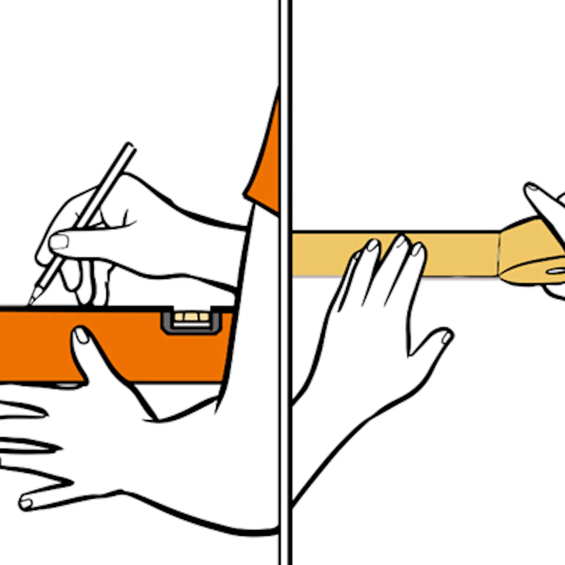 Heimwerker markiert Wand mit Wasserwaage, Stift und Malerkrepp für Wandstreifen.
