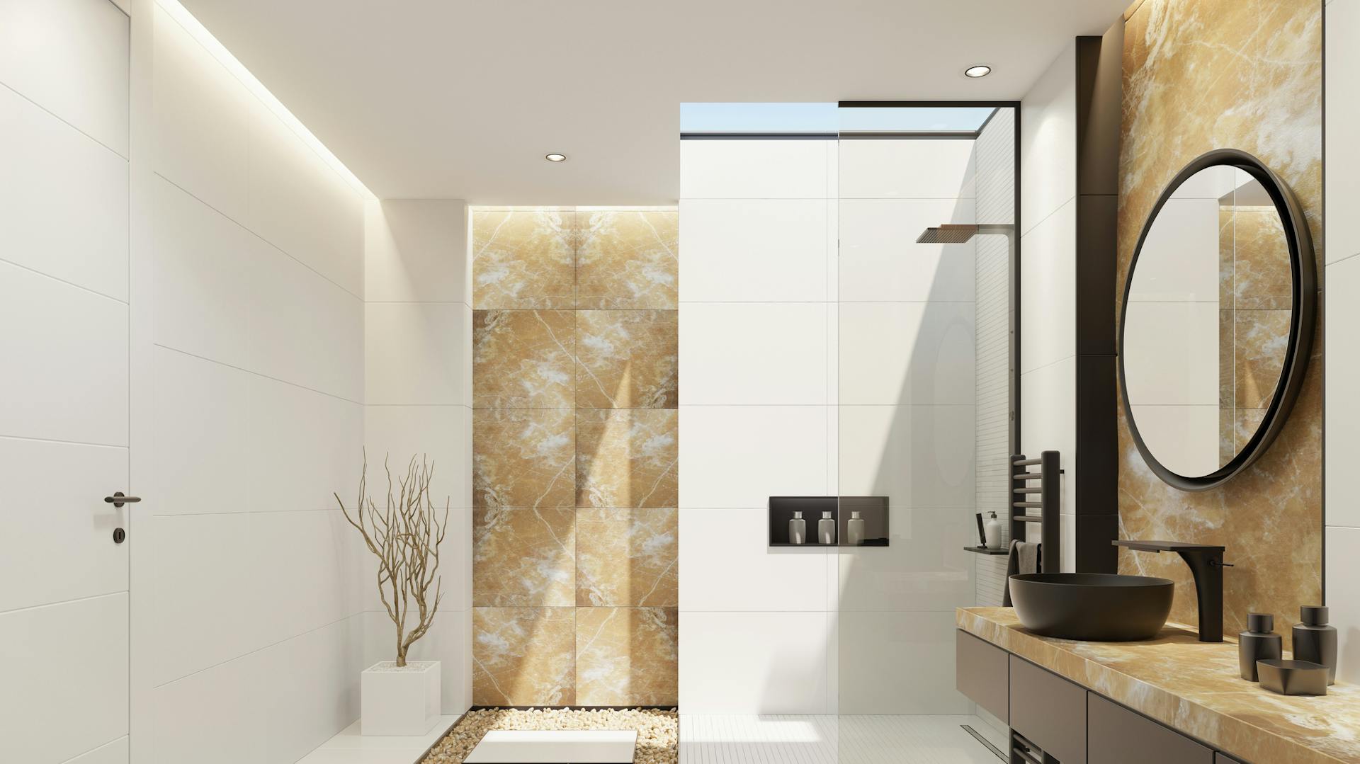 Ein Wellness-Badezimmer mit Flachdachfenster in der Decke